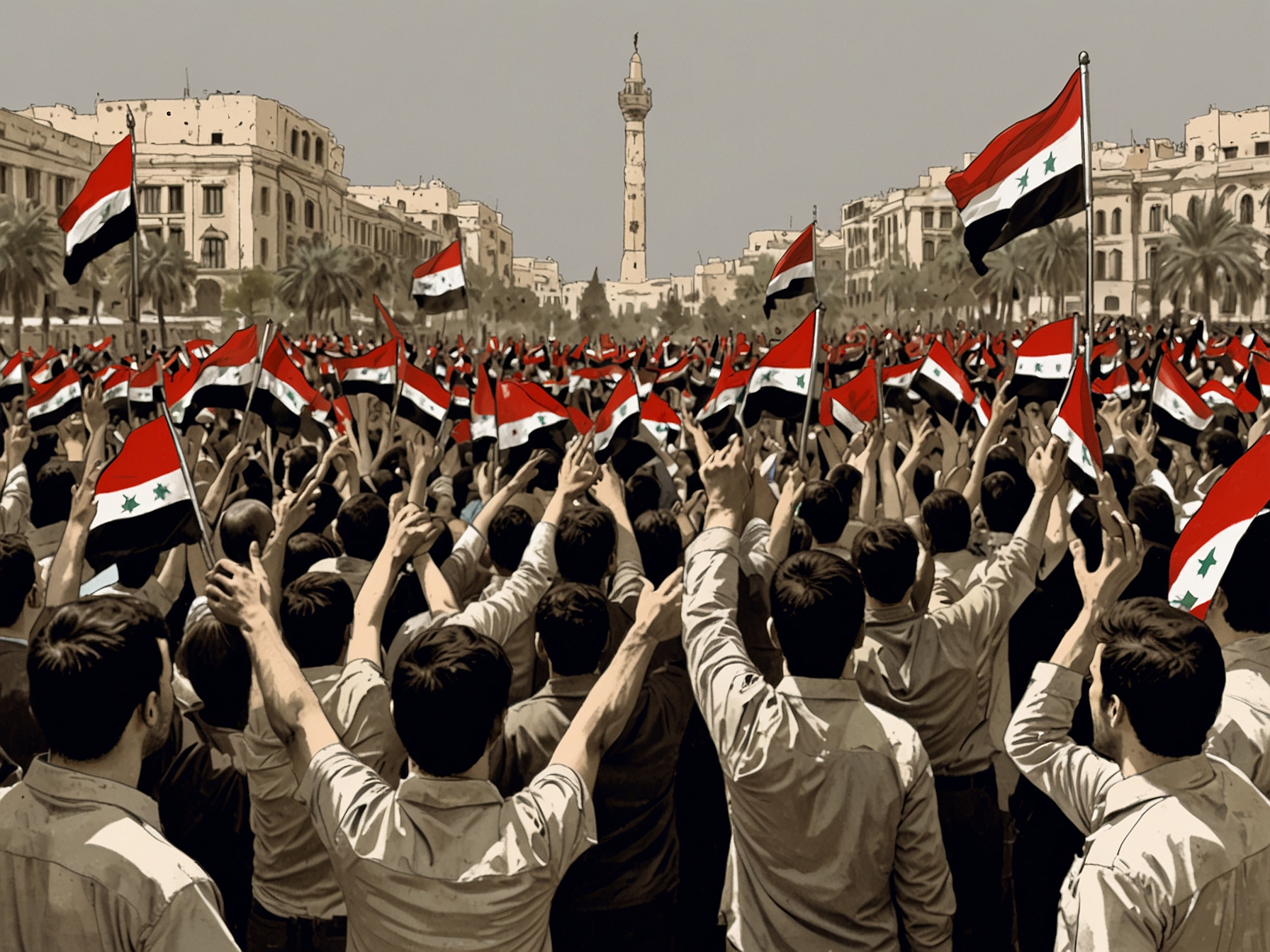 Rebel fighters raise their weapons in victory in a city square, surrounded by jubilant civilians who embrace and celebrate together, marking the end of an era in Syria.