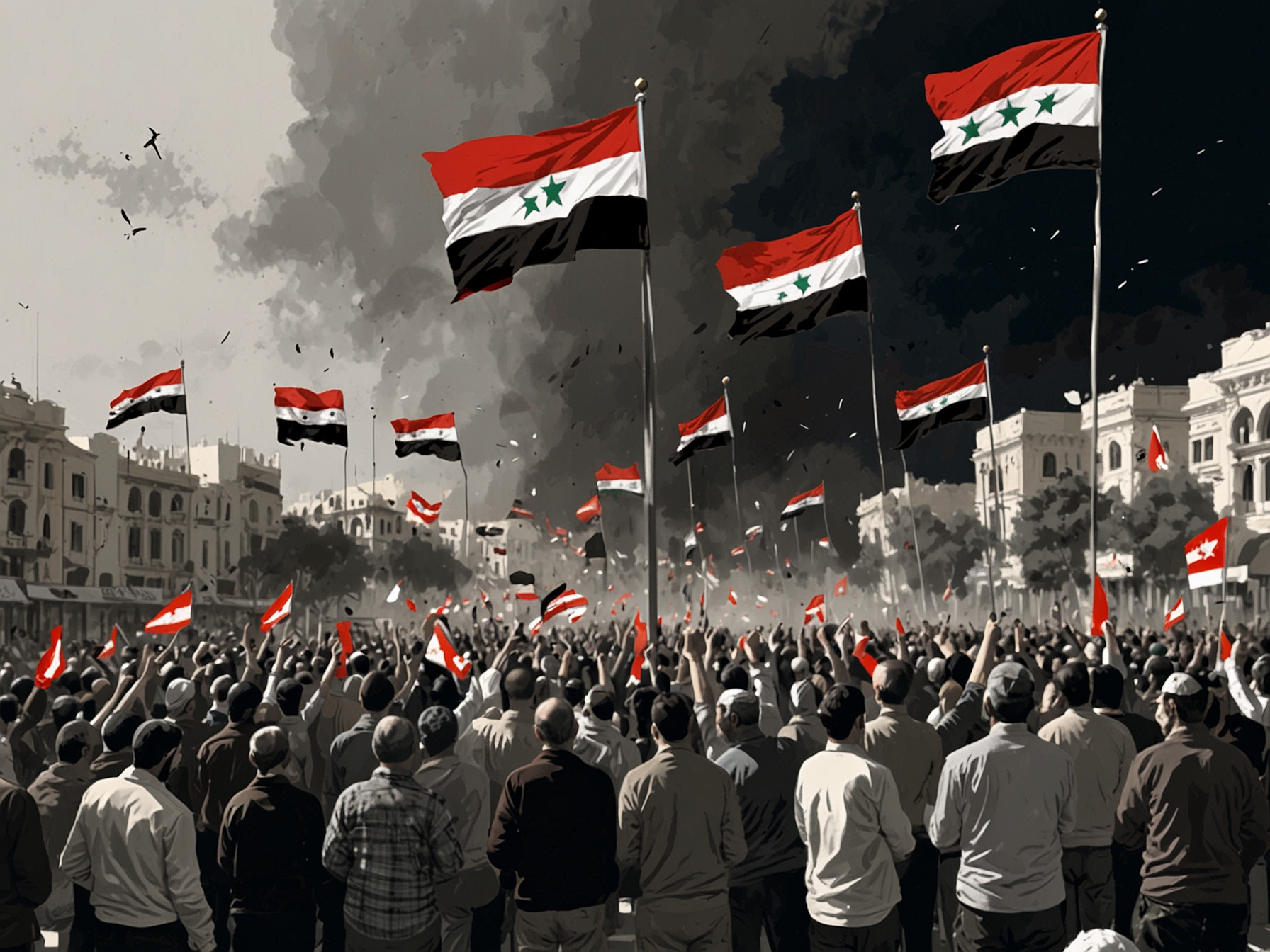 Civilians joyously tear down a statue of Assad’s brother, Basel, amidst a backdrop of cheering crowds and burning effigies, representing liberation from authoritarian rule.