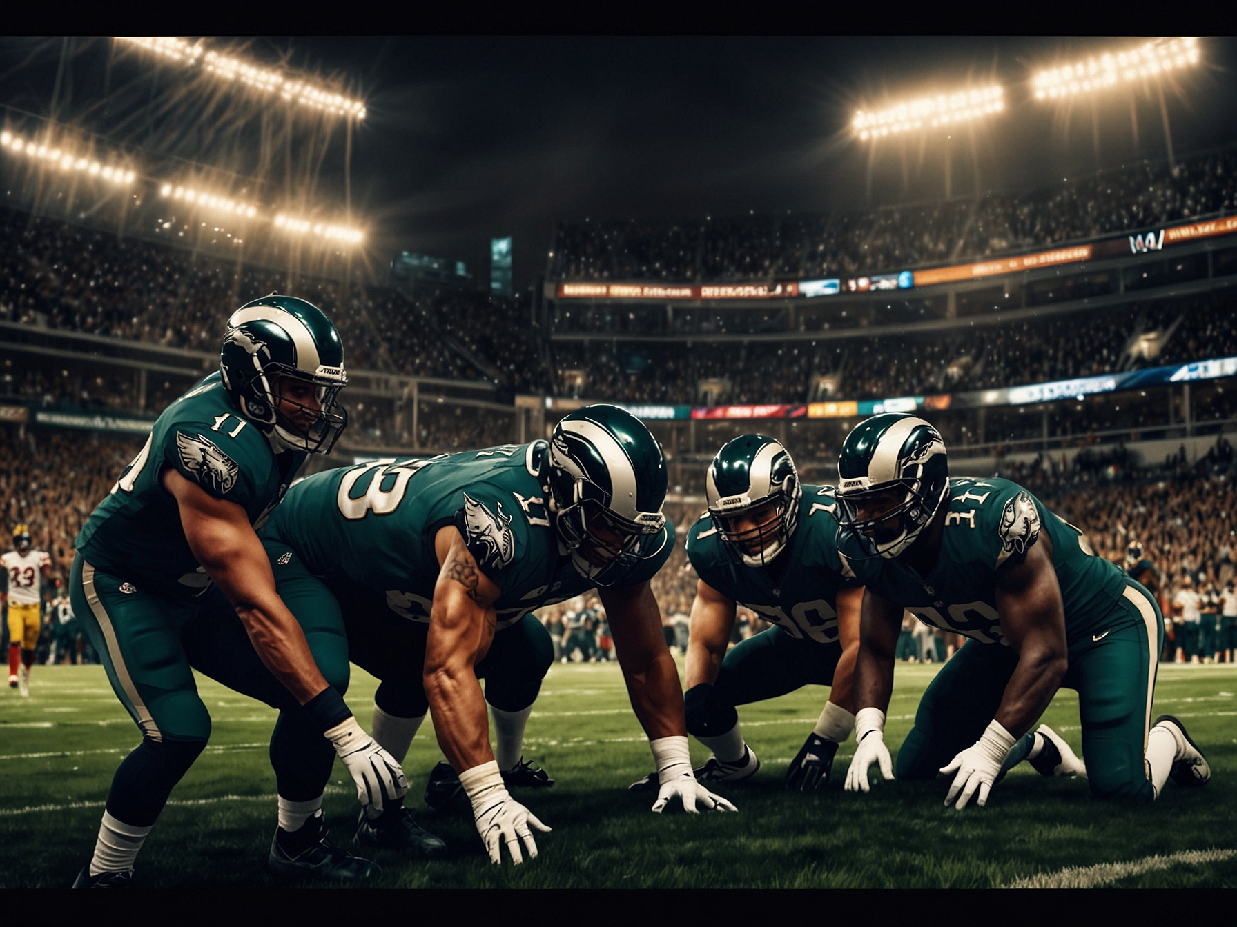 An intense image depicting the Philadelphia Eagles and Los Angeles Rams in action, capturing the atmosphere of competition during a pivotal NFL game, with players showcasing their determination and skill under the stadium lights.