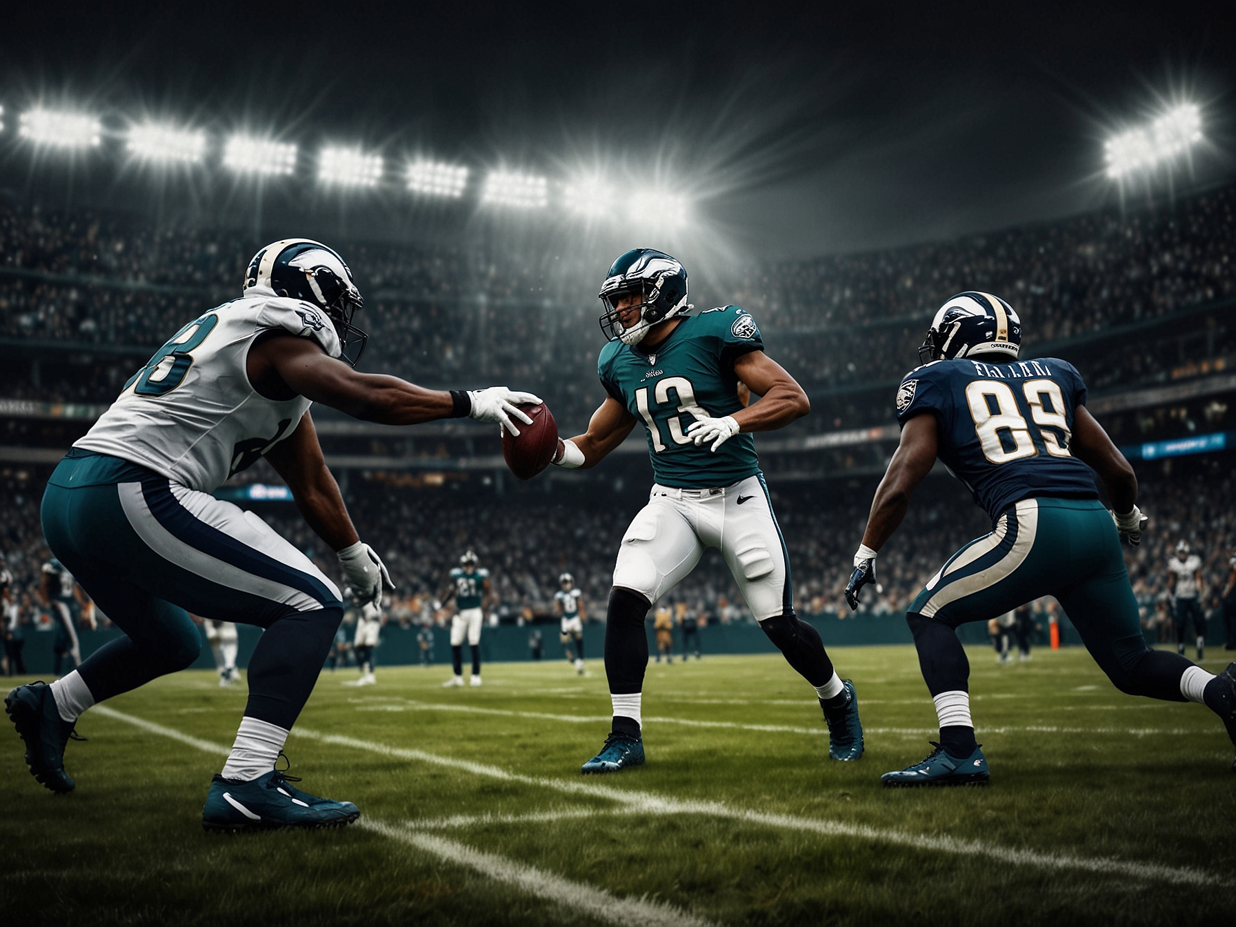 A split image showing Jalen Hurts of the Eagles preparing to throw a pass and a Rams player making a defensive move, illustrating the contrasting styles and critical moments as both teams vie for playoff spots.