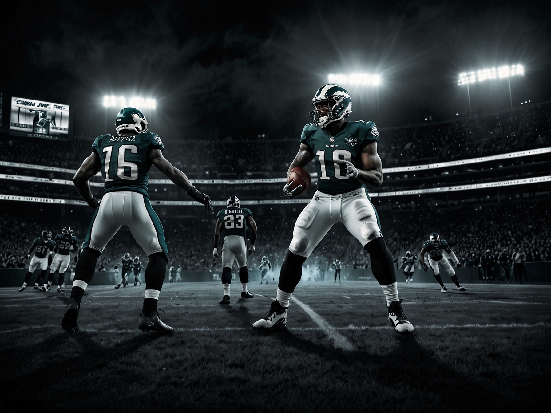 A dynamic shot of the Eagles and Rams' fans in the stadium, displaying excitement and anxiety as they cheer for their teams, symbolizing the passionate support and high stakes of late-season NFL matchups.