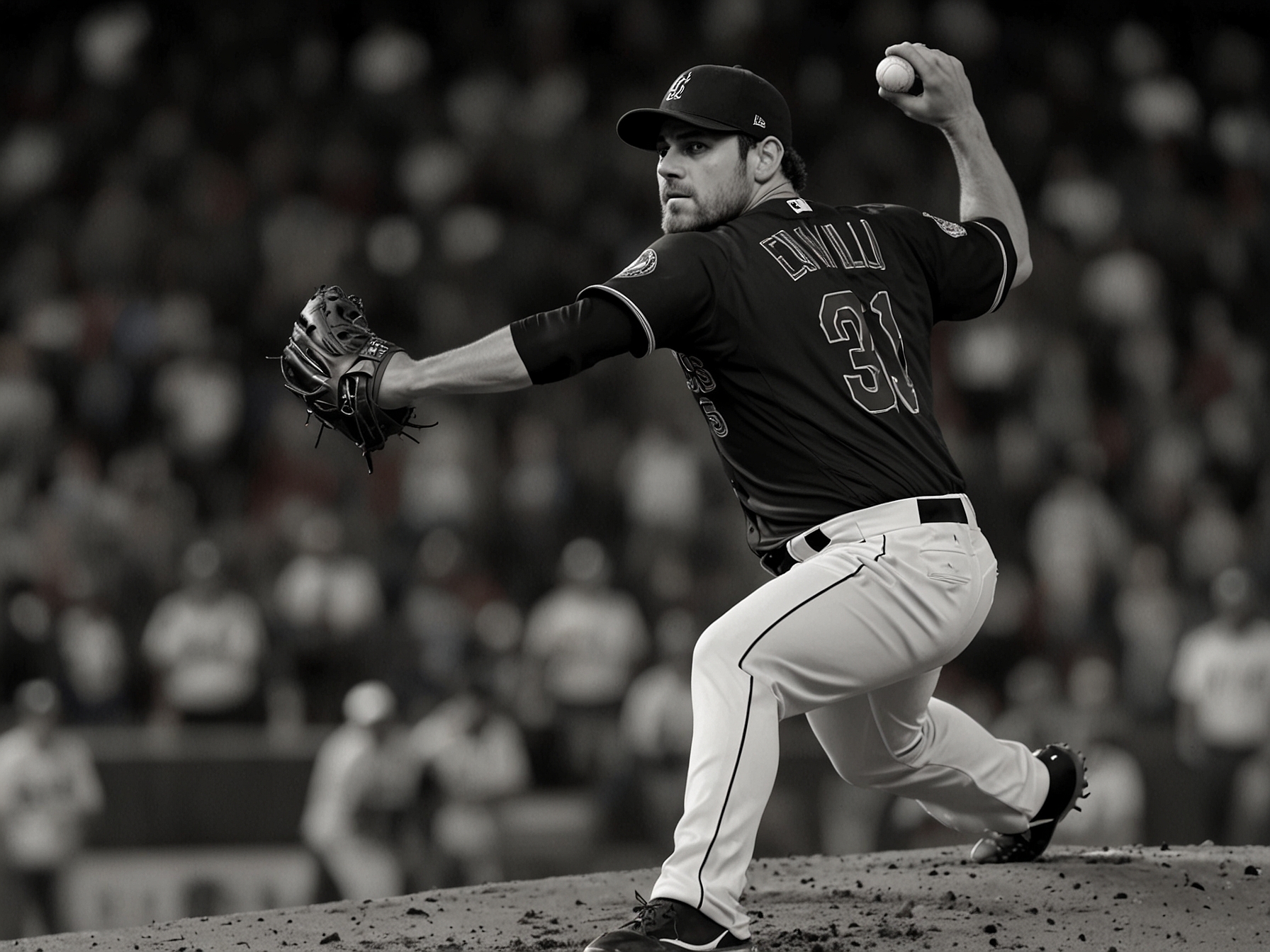 Nathan Eovaldi throwing a pitch on the mound during the World Series, showcasing his intense focus and determination to win.