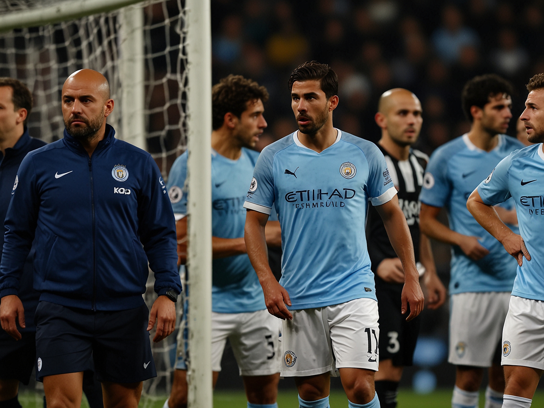 A tense moment captured from the recent match between Manchester City and Juventus, showcasing the anxious expressions of City players as they confront their mounting challenges.