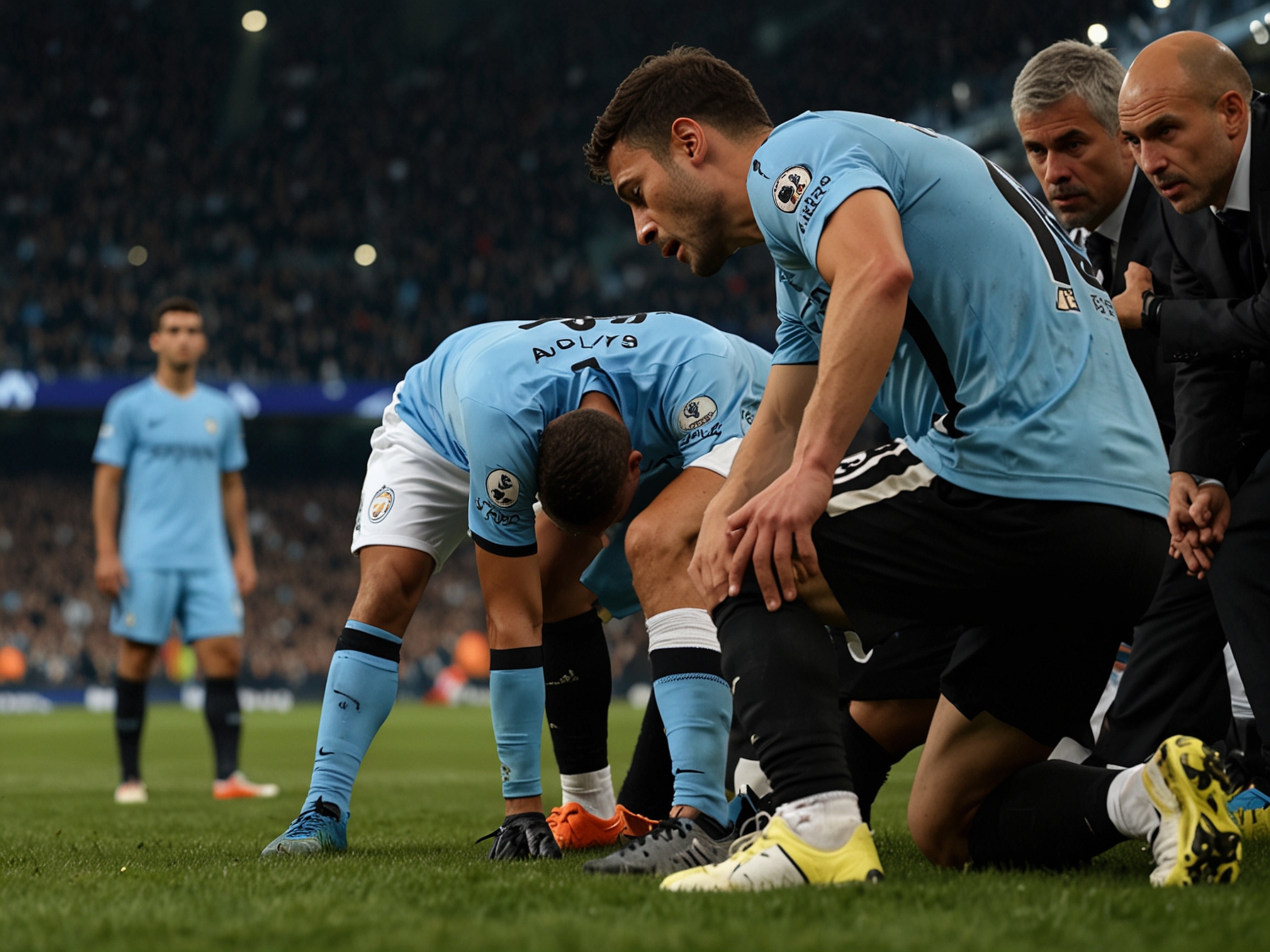 Fans of Manchester City display a range of emotions in the stands, reflecting disbelief and disappointment after the team's loss, highlighting the emotional weight of the situation.