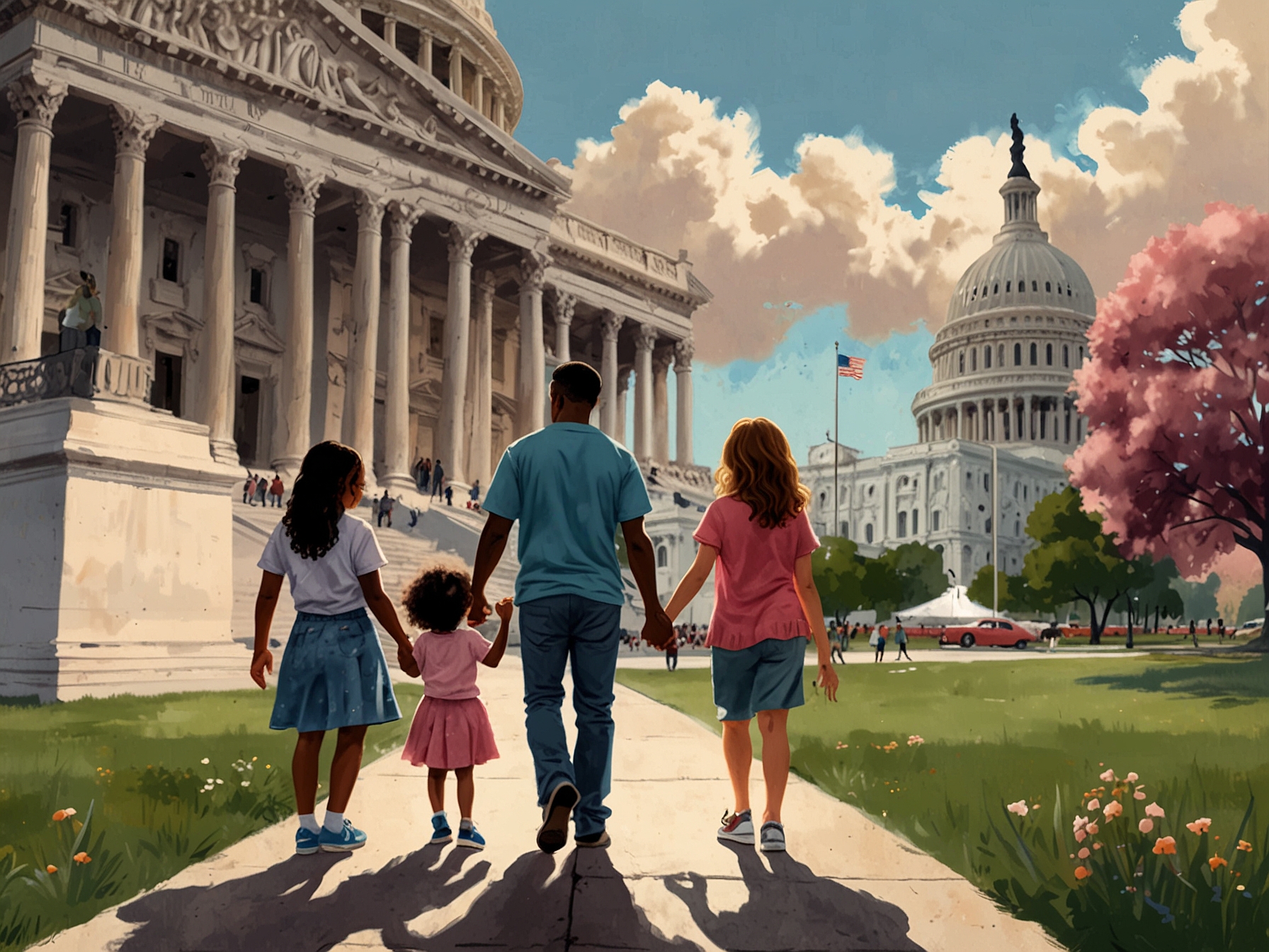 An illustration of a diverse group of children and parents holding hands, symbolizing support for transgender youth amidst a backdrop of the U.S. Capitol, highlighting the emotional stakes of the legislation.