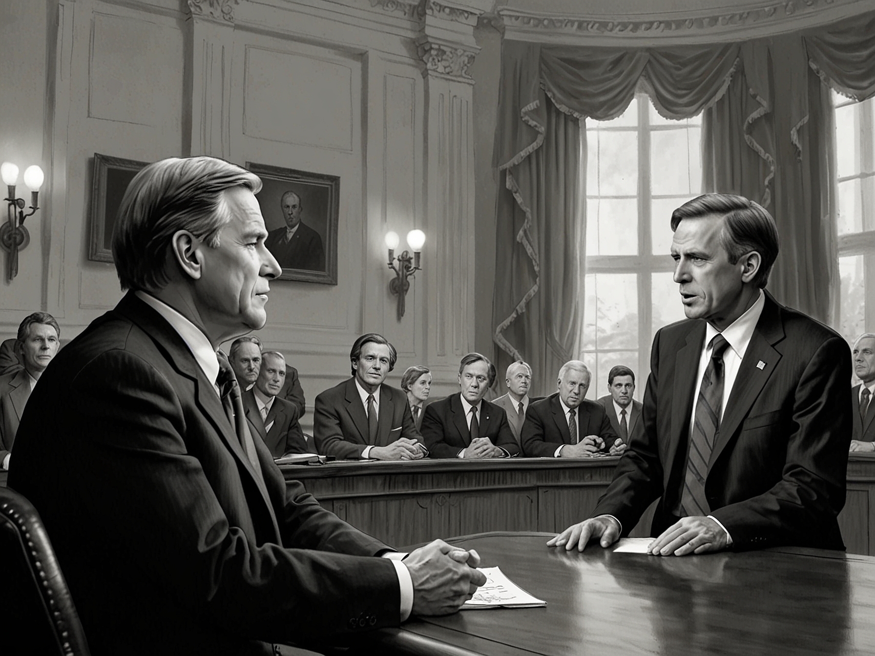 An illustration depicting Republican senators in a tense discussion, highlighting the divide in opinion over potential pardons for January 6 Capitol riot participants, with the Capitol building in the background.