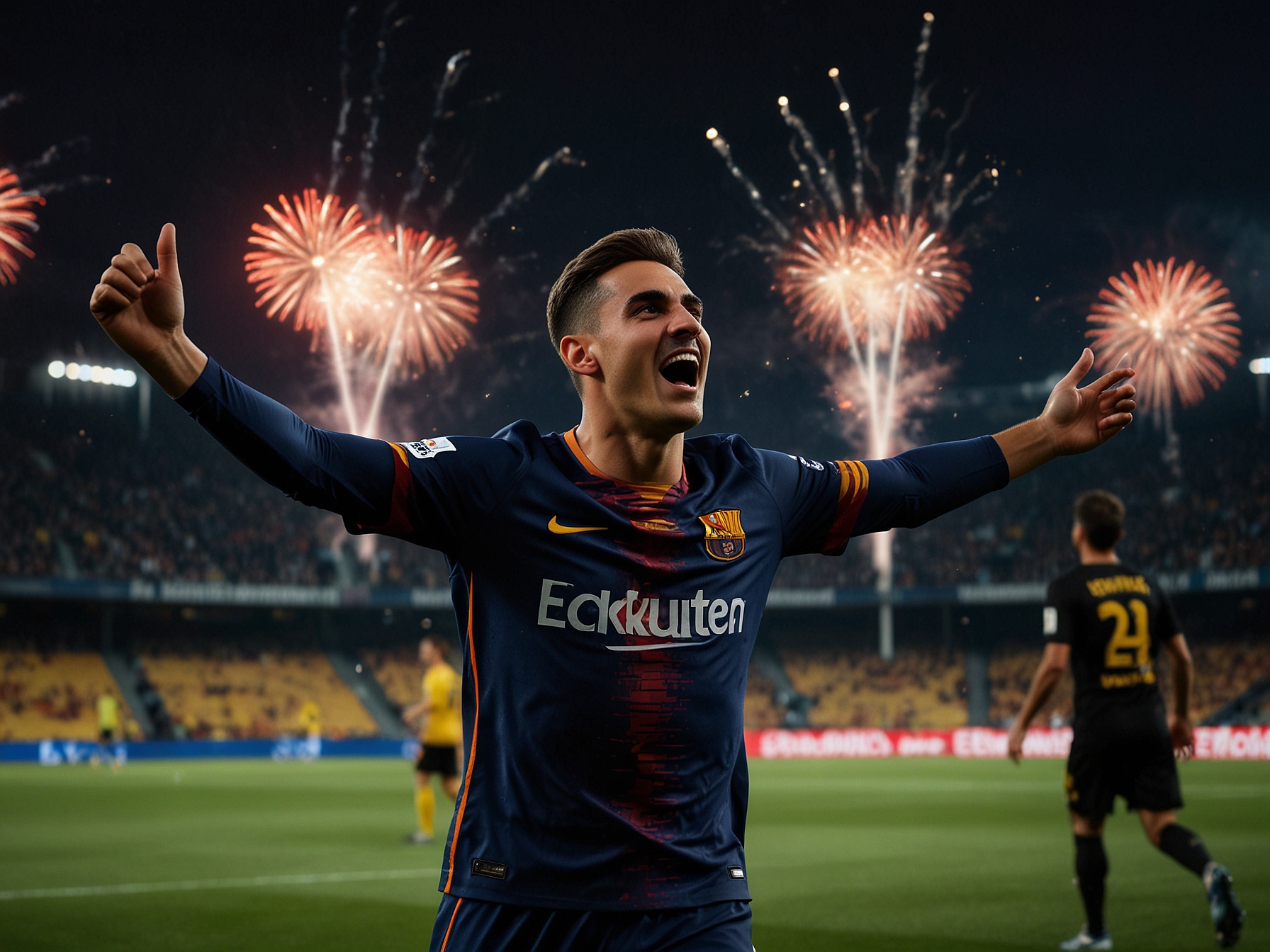 Barcelona fans in the stands, adorned in team colors, passionately cheering and waving flags as their team battles Borussia Dortmund.
