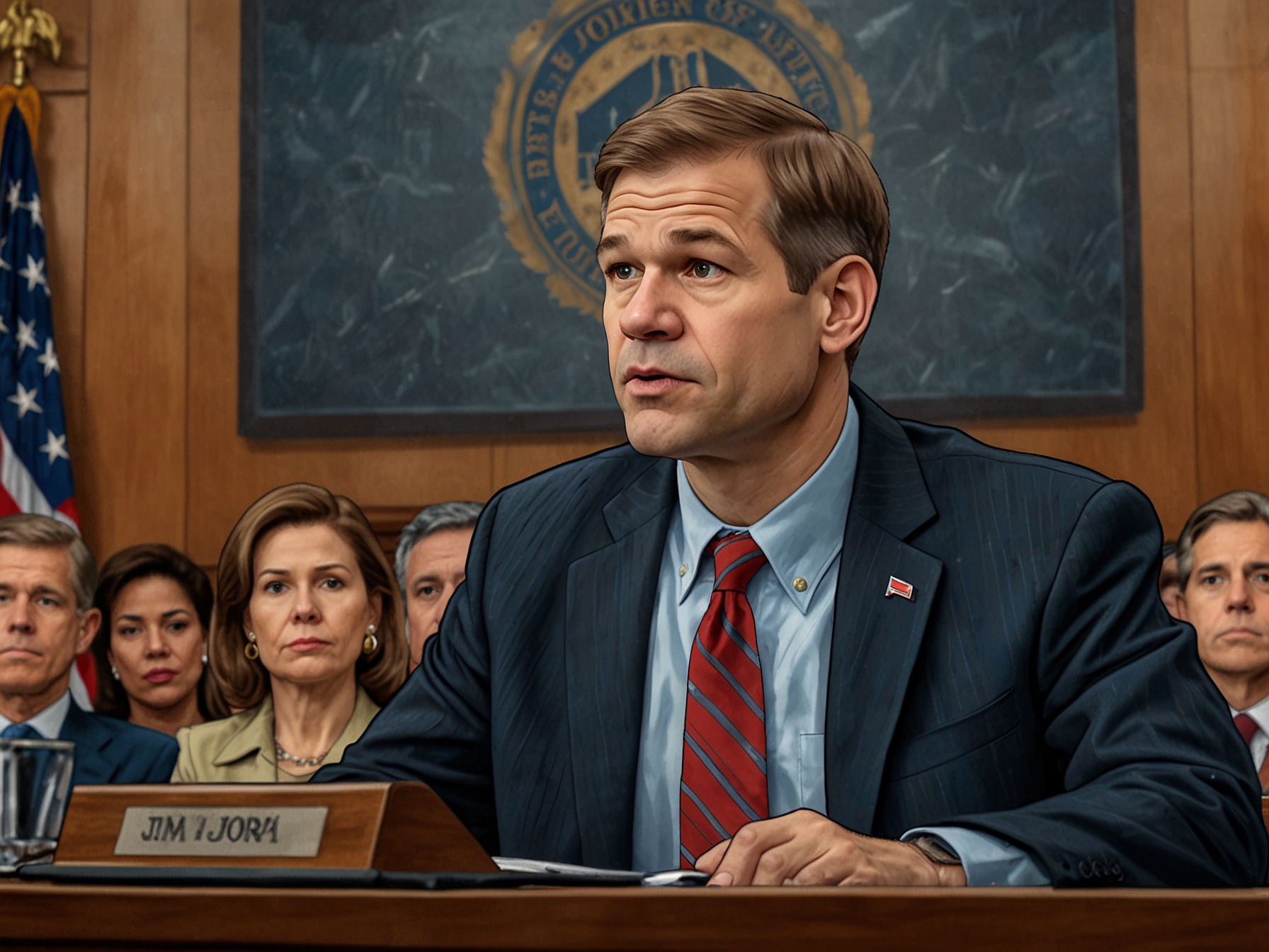 An image depicting the tension in a political meeting with Jim Jordan, highlighting the diverse viewpoints on FBI leadership and oversight, underlined by voter anxiety.