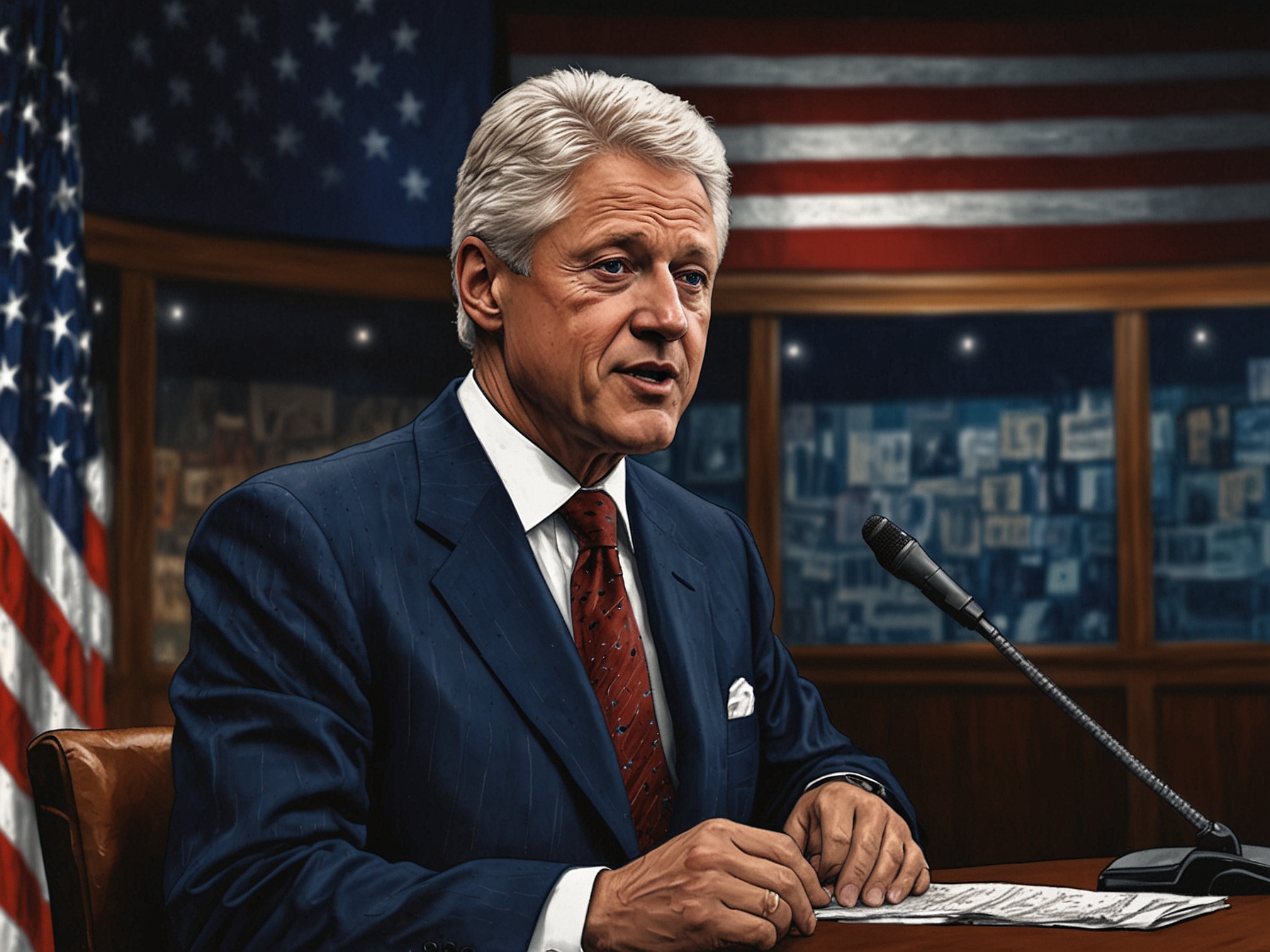 A thoughtful Bill Clinton speaking on a talk show set, with a backdrop of the American flag, reflecting on political issues and pardons amidst a divided nation.