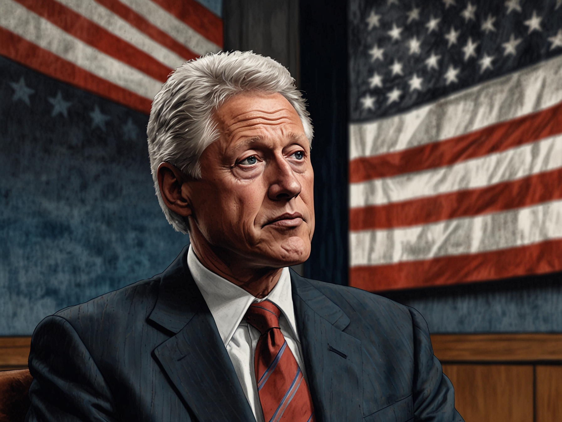 A close-up shot of Bill Clinton gesturing while discussing his views on justice and politics during an interview, conveying a sense of urgency and sincerity.
