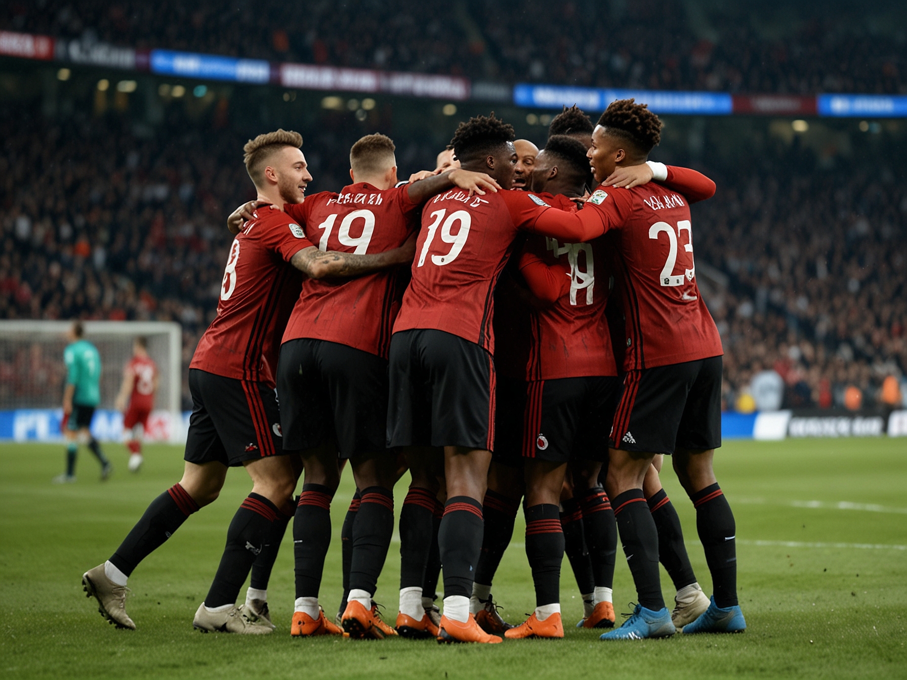 A high-energy moment from the match, showing AC Milan players celebrating Tammy Abraham's late goal which secured their victory against Red Star Belgrade in the Champions League.