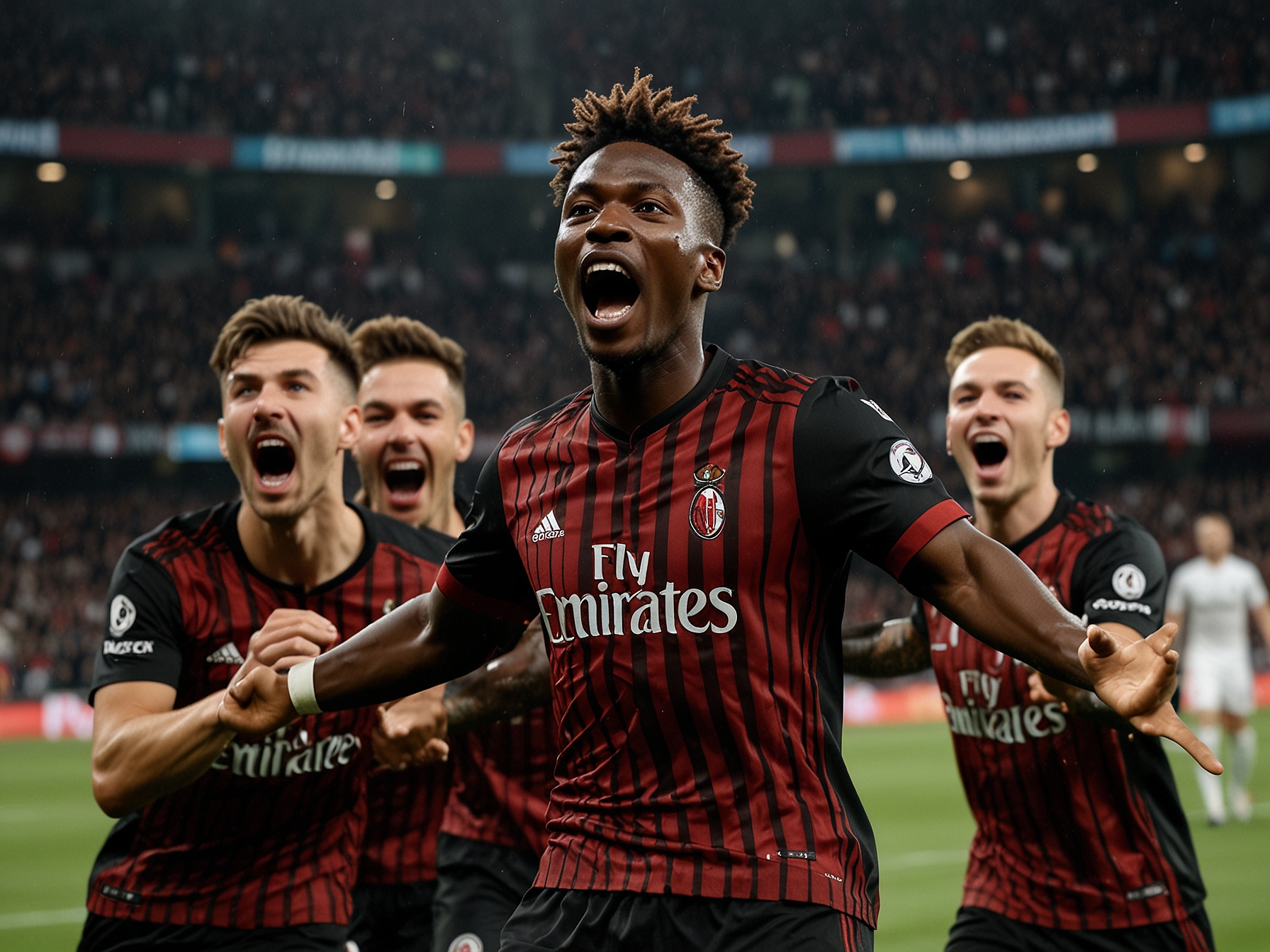 Tammy Abraham surrounded by teammates after scoring a crucial last-minute goal, showcasing the team's camaraderie and determination amid the match's intensity.