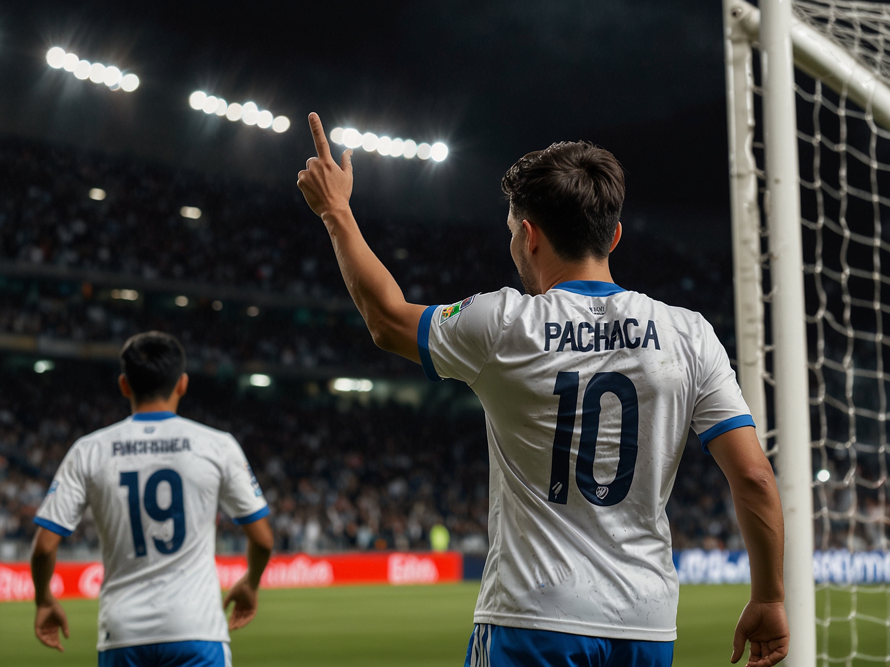 An intense football match moment, with Pachuca players celebrating after scoring against Botafogo, reflecting their unexpected and dominant performance in the Intercontinental Cup.