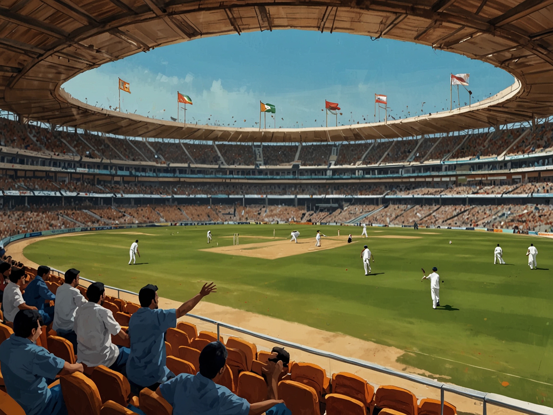 A vibrant stadium filled with cheering Afghan cricket fans, showcasing a match in progress with players displaying their dedication and skill, symbolizing hope and ambition in Afghan cricket.