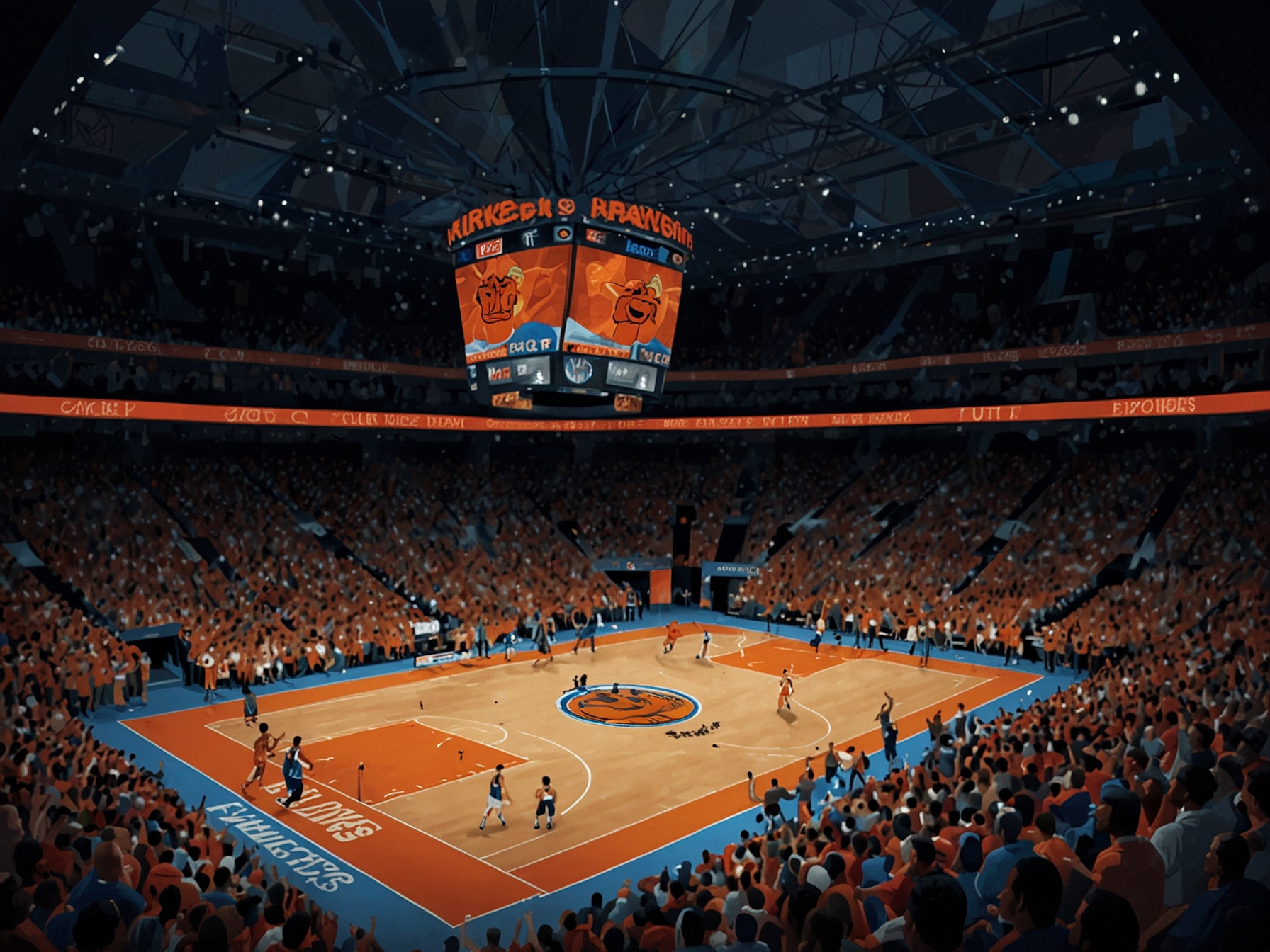 A split image showing the Knicks and Hawks in their team colors during a game, with a vibrant Madison Square Garden backdrop filled with cheering fans, representing their rivalry and contrasting current forms.