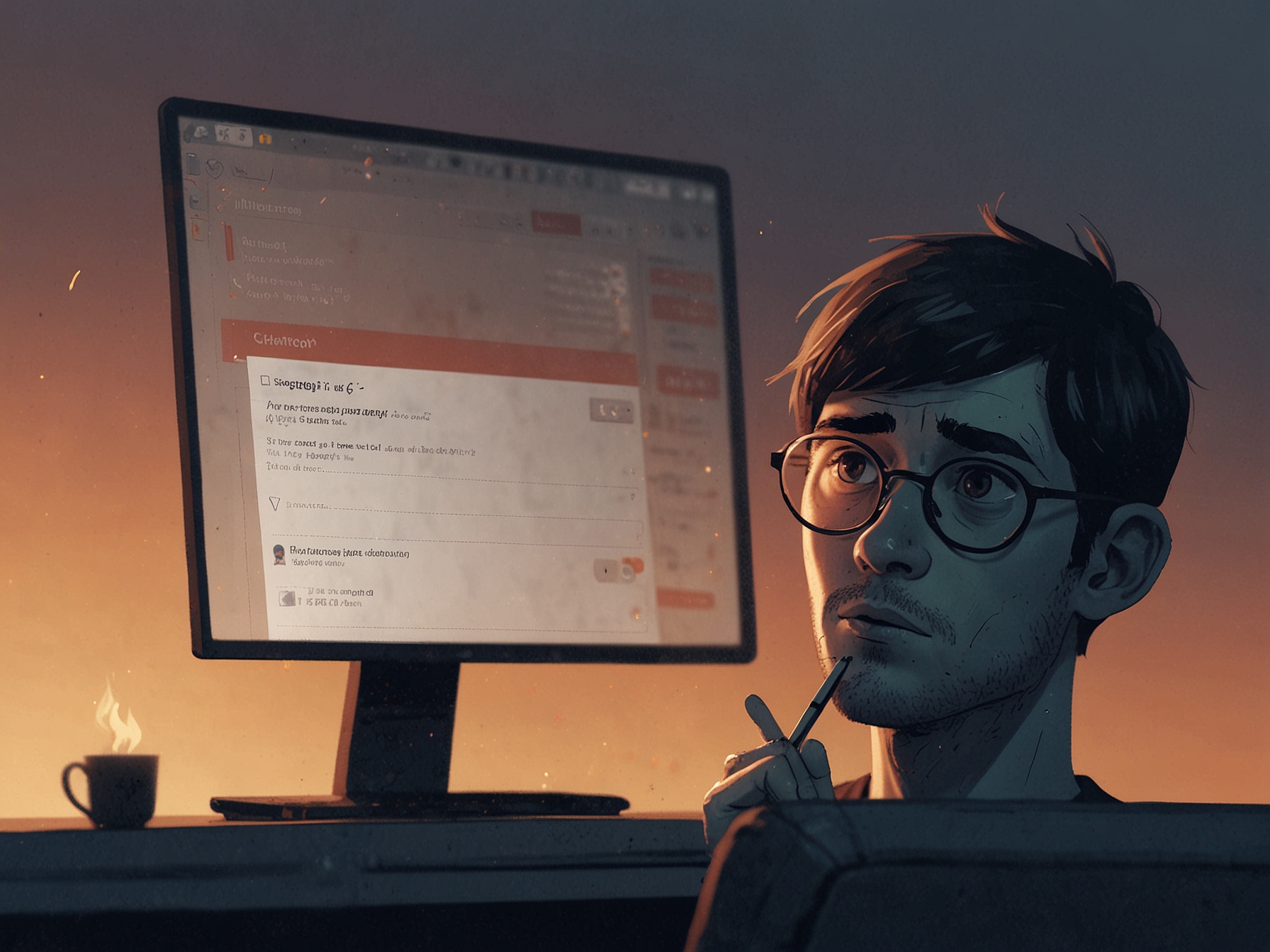 An illustration of a worried person surrounded by digital devices, symbolizing the impact of AI outages on daily life, highlighting the dependence on technology.