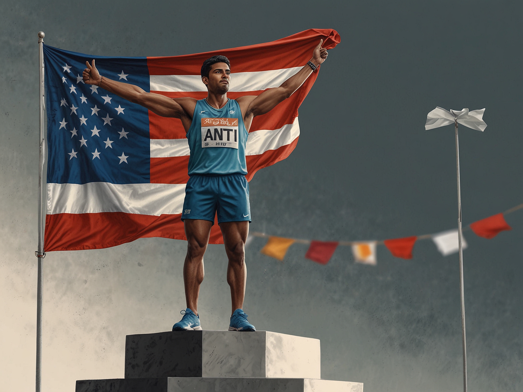 Sumit Antil standing on the podium, proudly holding his javelin medal while the national flag waves in the background, showcasing the spirit of triumph and perseverance in sports.