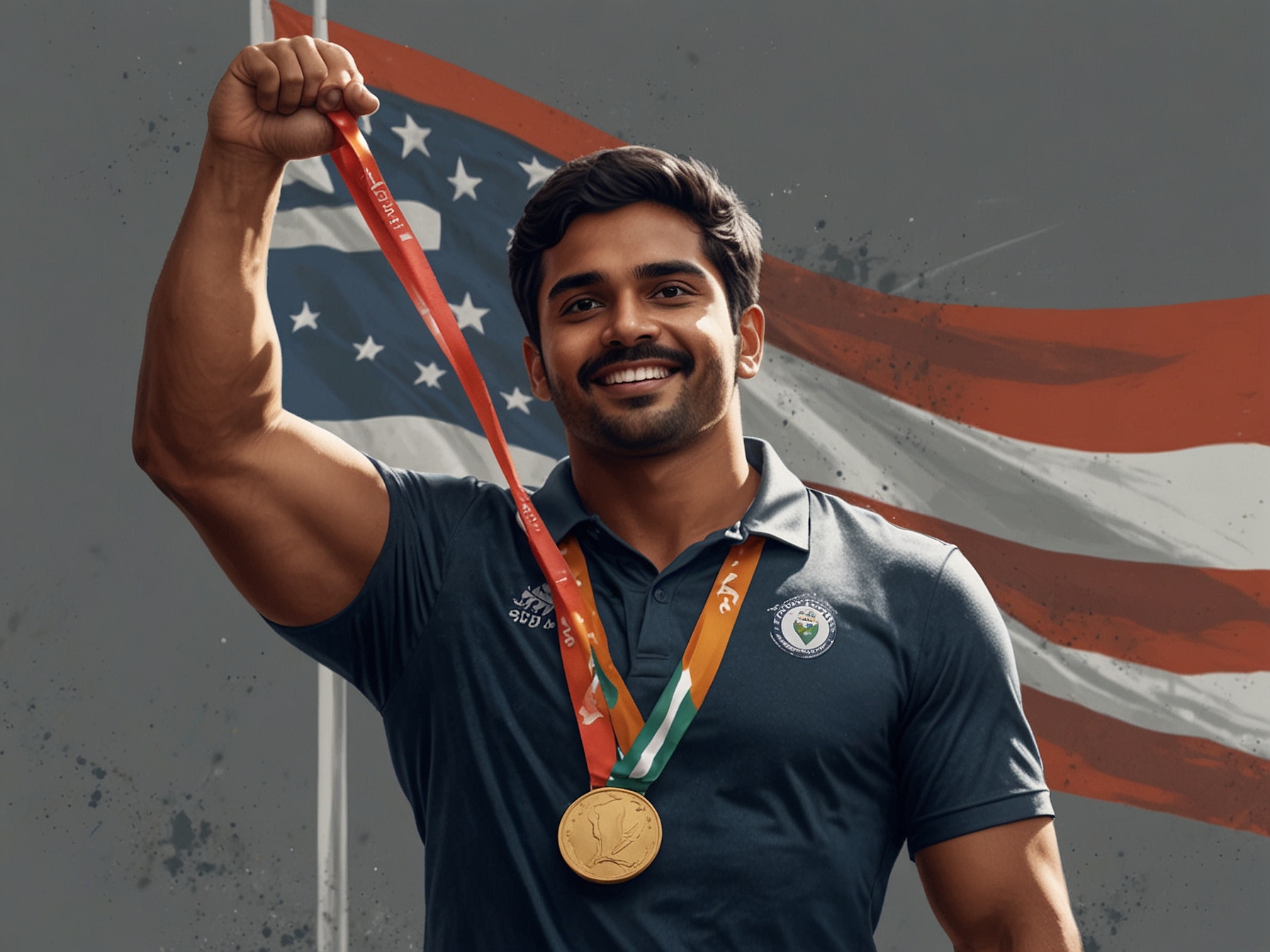 A close-up of Sumit Antil during a javelin throw competition, showcasing his intense focus and determination as he prepares to launch the javelin toward his 80-meter goal.