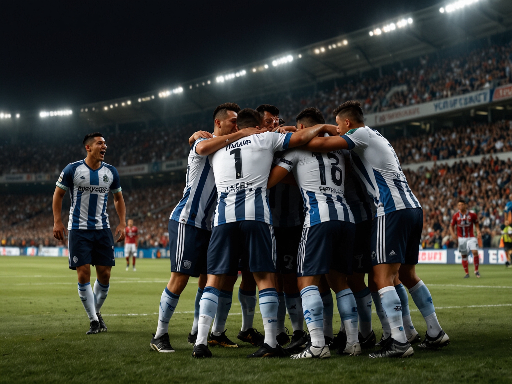 A thrilling moment from the match where Pachuca's players celebrate a goal, showcasing their teamwork and determination on the field amidst an enthusiastic crowd.