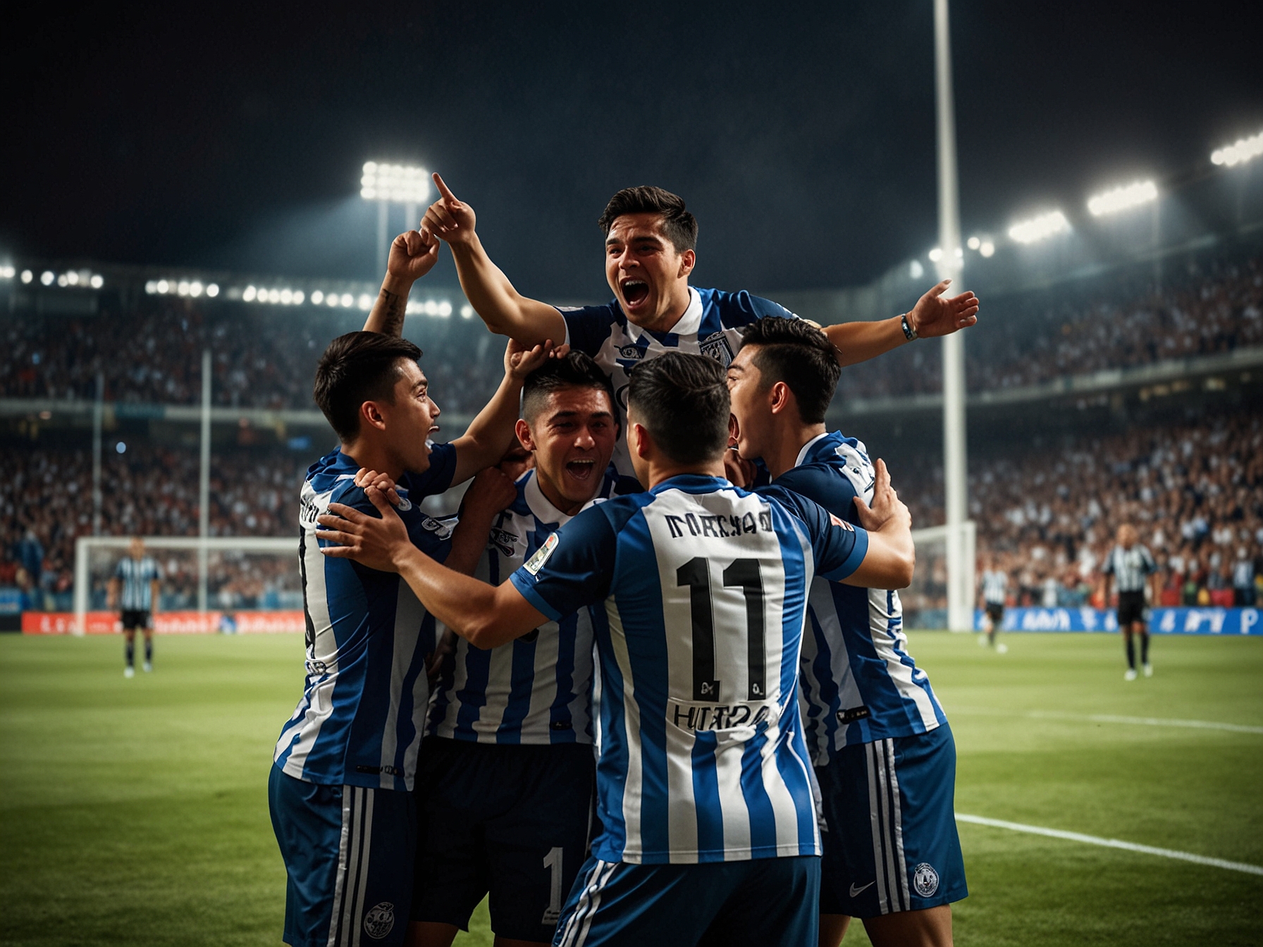 Pachuca's fans erupt in joy as their team secures a stunning victory, waving flags and cheering passionately in the stands, capturing the essence of sportsmanship and celebration.