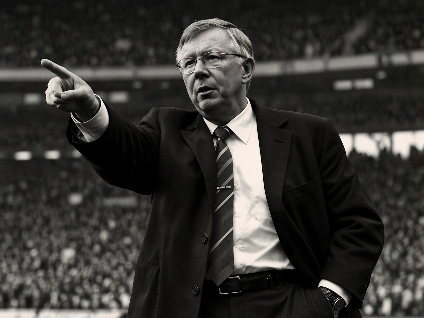 An iconic image of Sir Alex Ferguson gesturing emphatically during a Manchester United match, symbolizing his deep connection to the club's history and his recent efforts to safeguard its legacy.