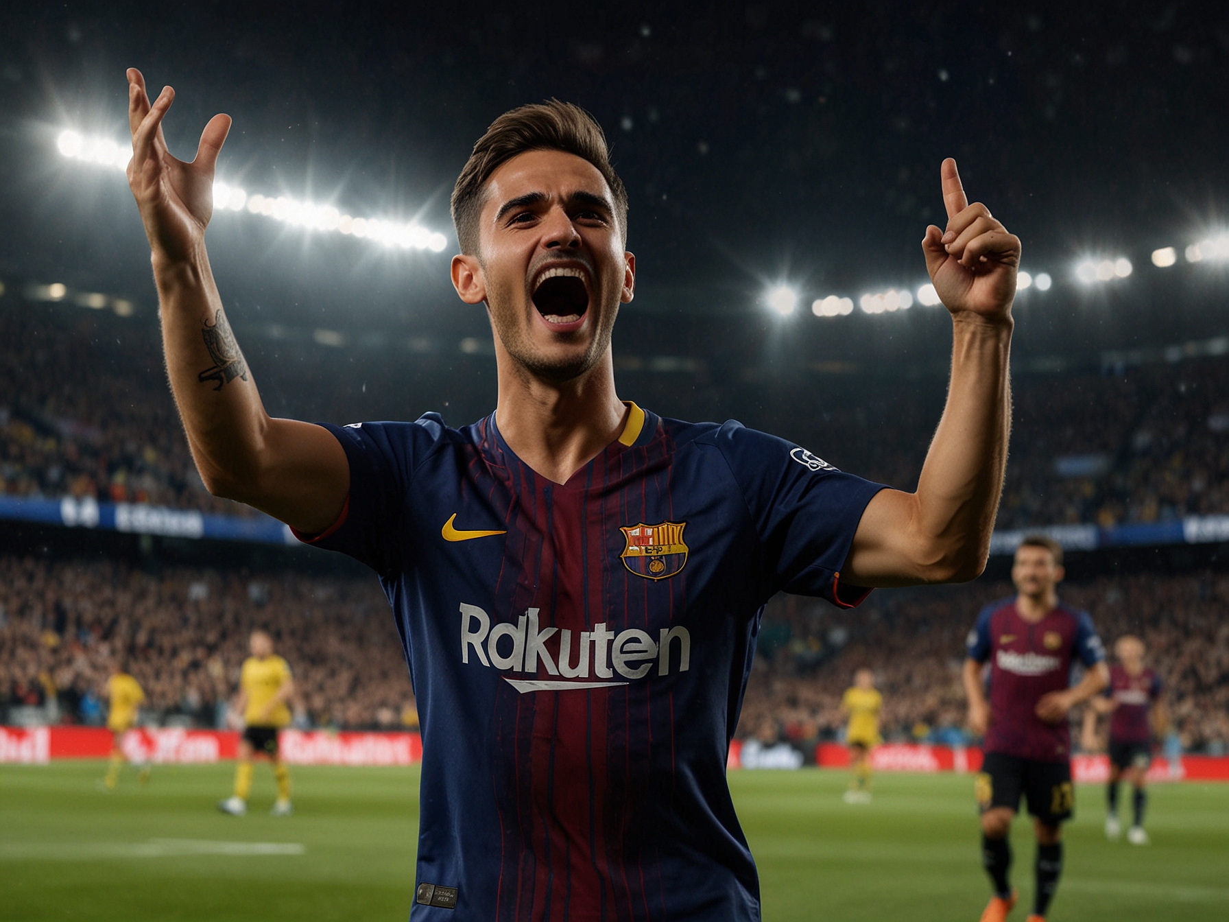 Ferran Torres celebrating his second goal for Barcelona against Borussia Dortmund in a vibrant stadium filled with cheering fans, capturing the excitement of a thrilling Champions League match.