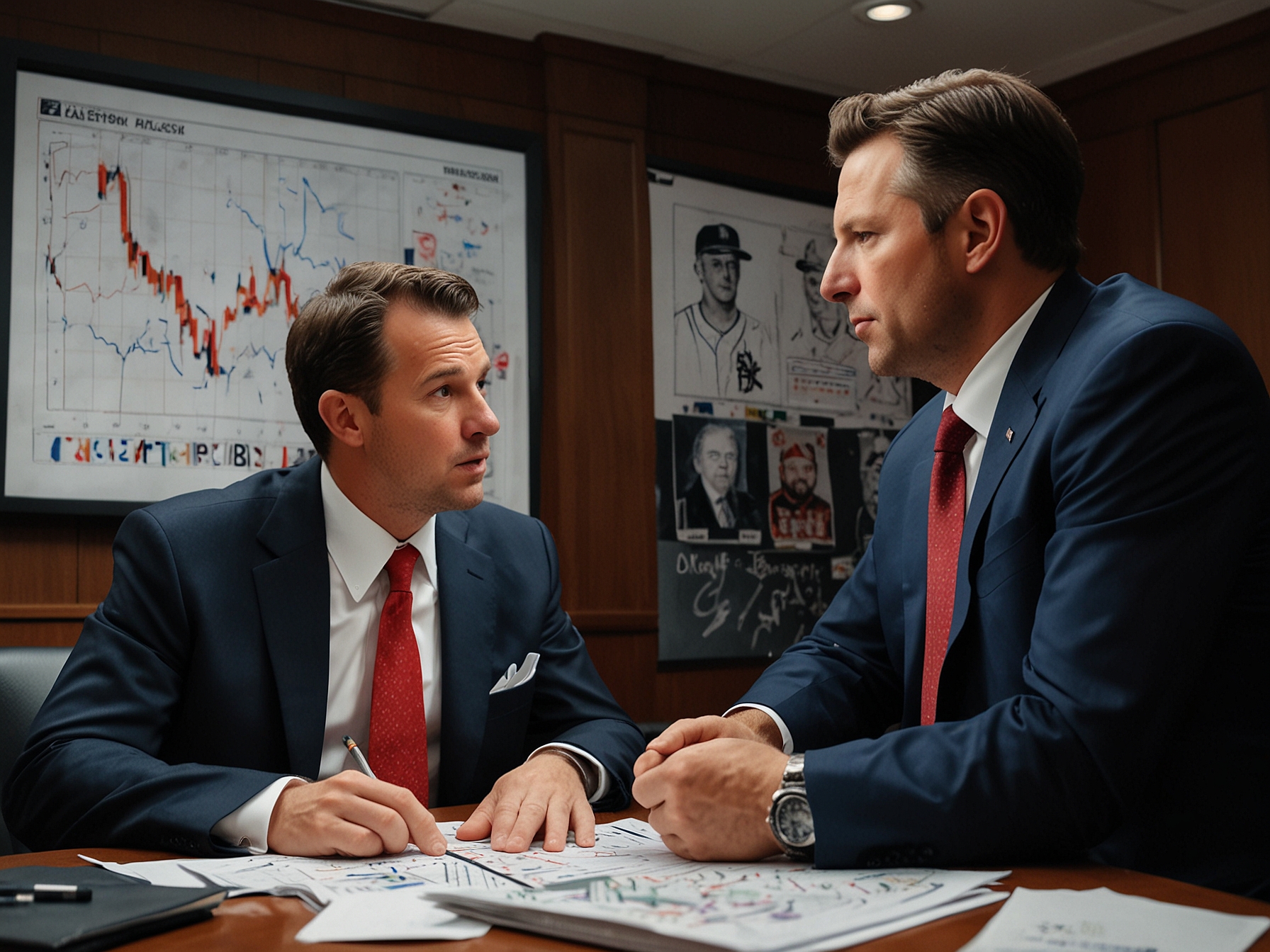 An intense moment during the MLB Winter Meetings, featuring Red Sox executives in discussion, surrounded by potential trade analysis charts and player profiles, reflecting strategic decision-making.
