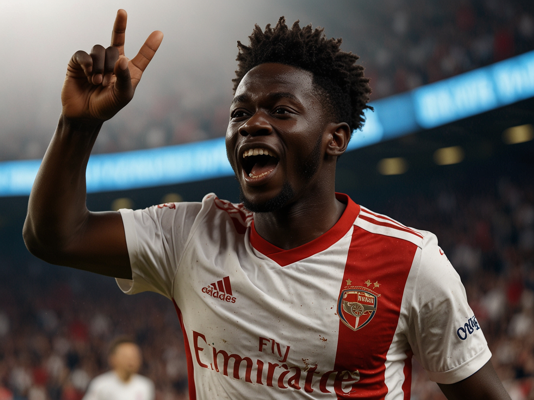 A dynamic action shot of Bukayo Saka celebrating after scoring his second goal against AS Monaco, with the Emirates Stadium's electrifying atmosphere in the background, showcasing excited fans.