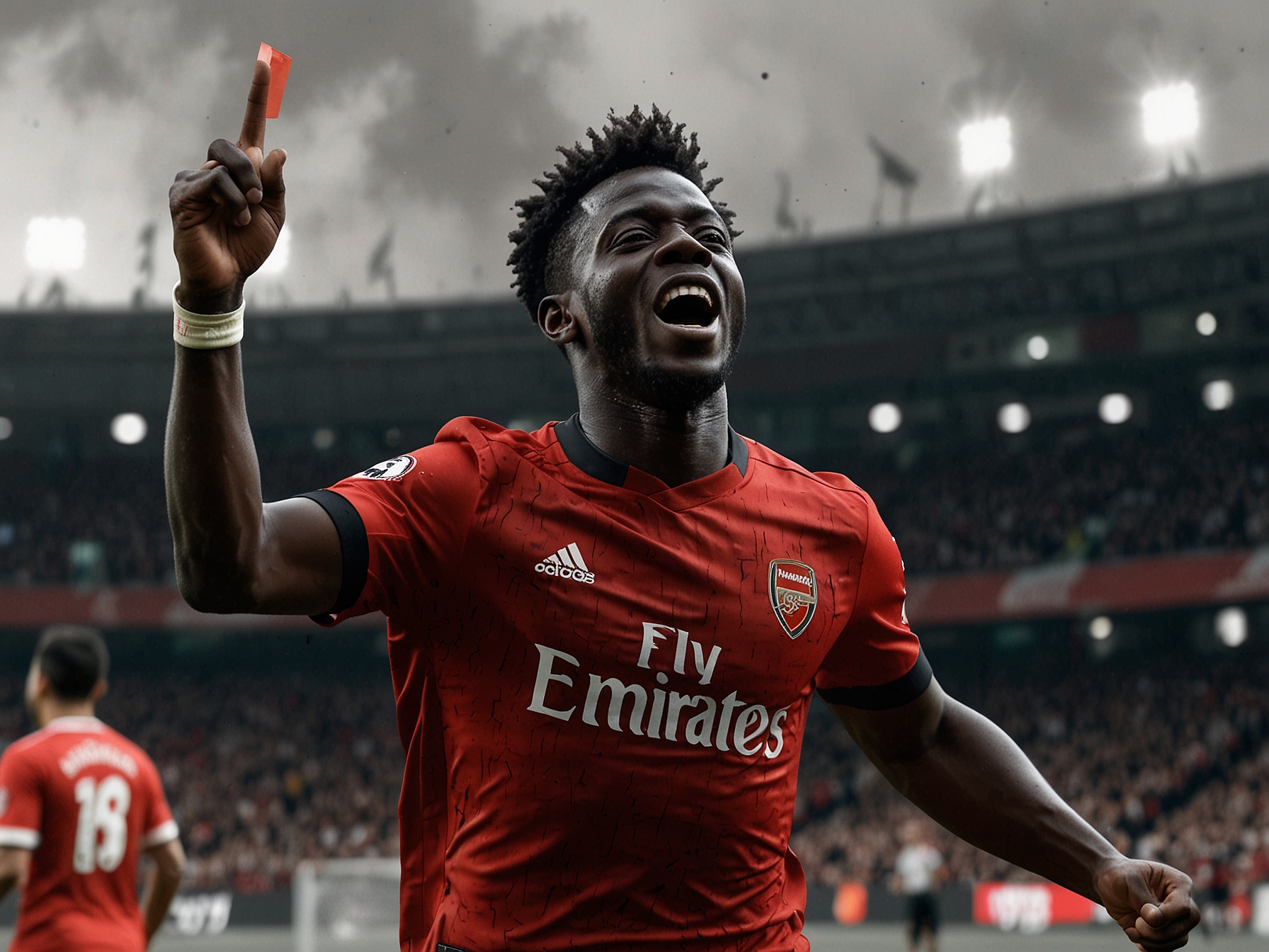 An intense moment during the match, featuring Arsenal's young player Myles Lewis-Skelly making a crucial pass to set up a goal, highlighting the team's teamwork and youthful talent.
