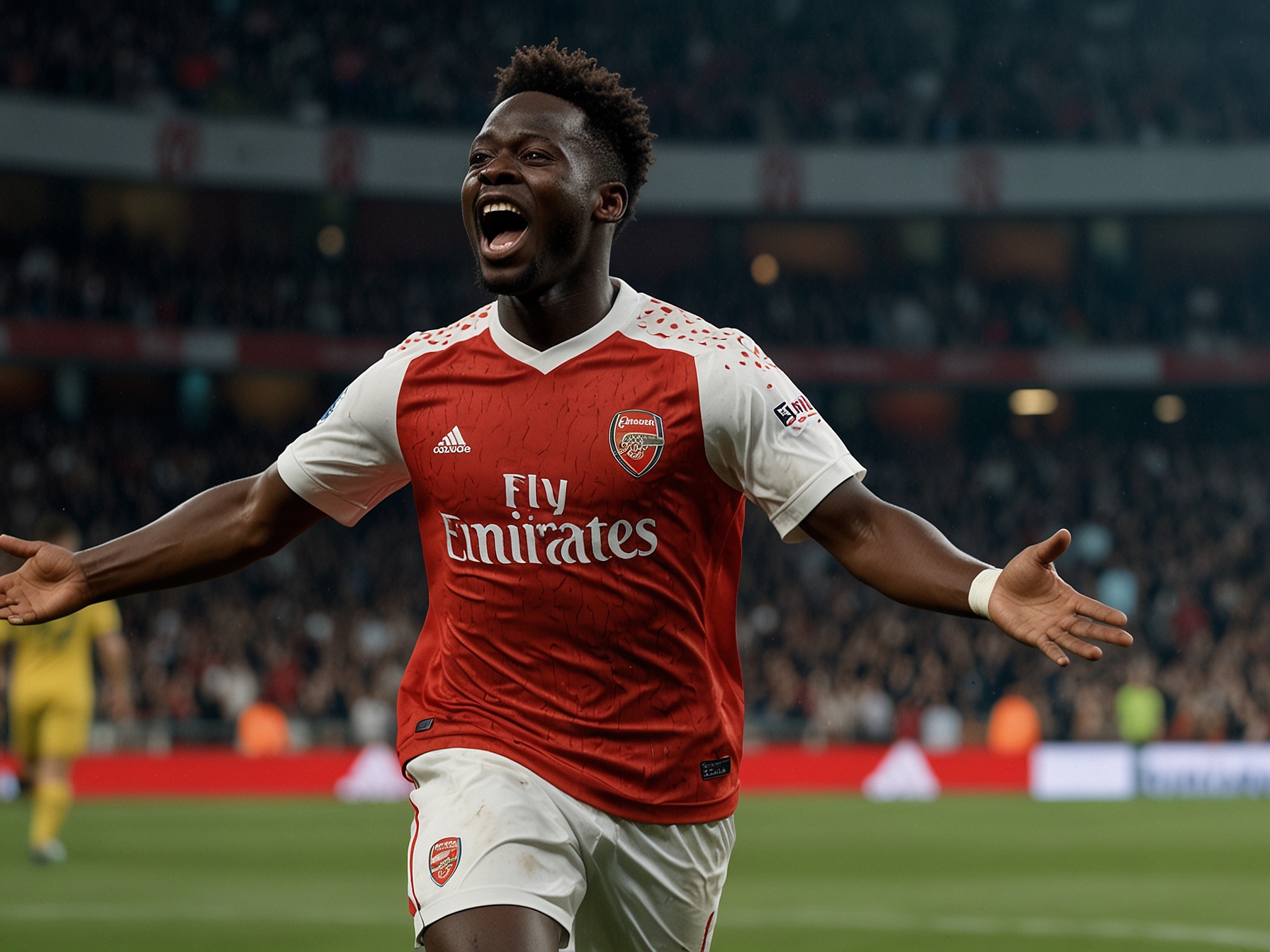 A panoramic view of the Emirates Stadium filled with enthusiastic Arsenal supporters, capturing the excitement of the Champions League match against AS Monaco as the atmosphere reaches a crescendo.