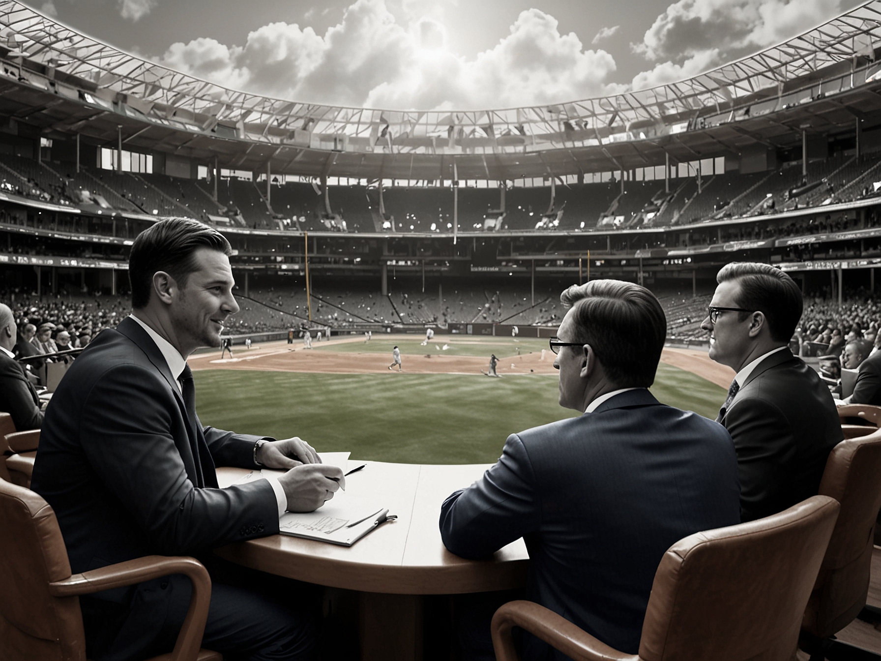 A dynamic scene from a baseball stadium during the Winter Meetings, with executives discussing trade strategies, while players Bellinger and Tucker are shown in action, symbolizing their high stakes in the MLB trade market.
