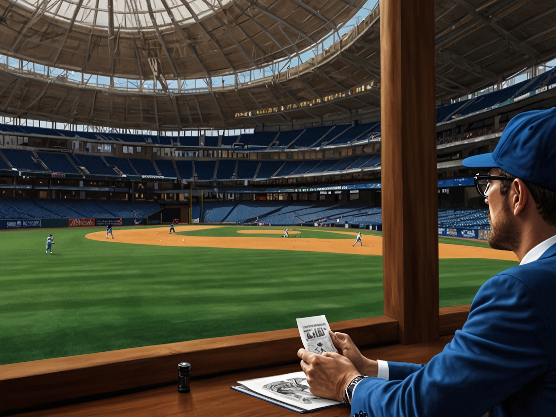An analytical view of executives from the Cubs and Yankees engaged in intense discussions, surrounded by charts and player stats, conveying the serious trade deliberations during the Winter Meetings.
