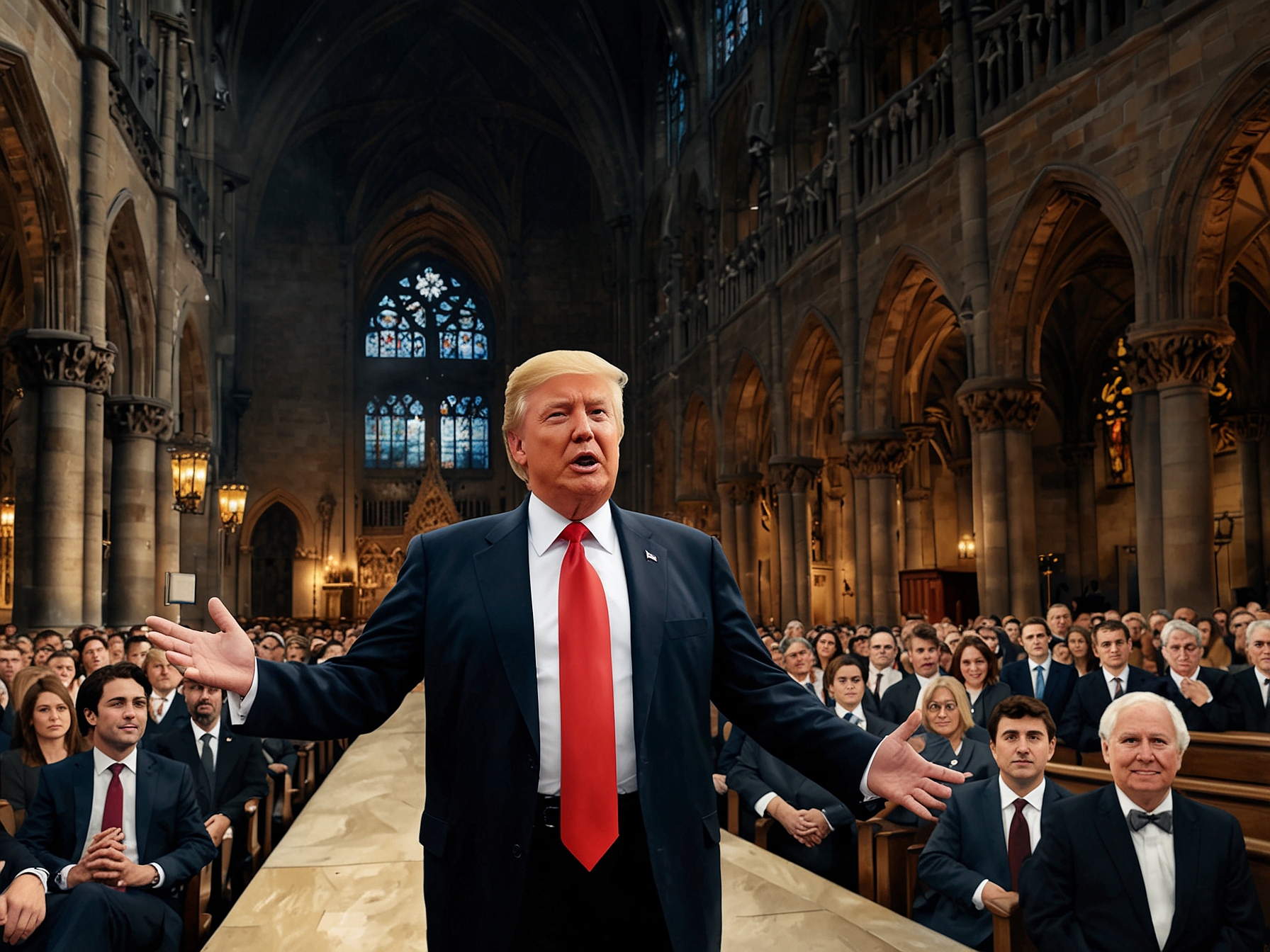 A humorous depiction of Donald Trump and Justin Trudeau posing together at the Notre Dame Cathedral, with Trump playfully gesturing as if making a joke, while a light crowd gathers to watch.