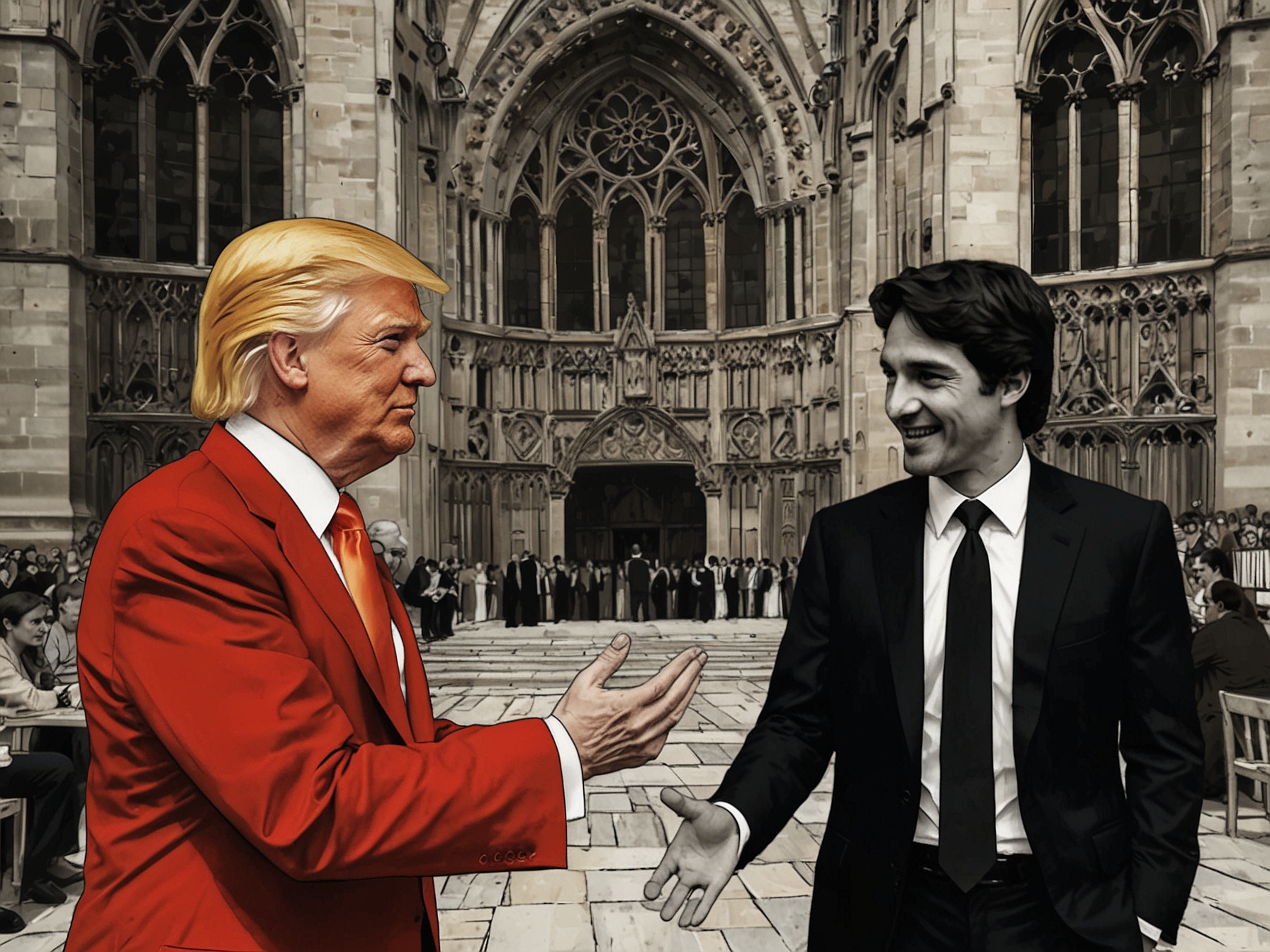An illustration capturing the essence of playful political rivalry, showing Trump holding a mock fragrance bottle labeled 'A fragrance your enemies can't resist!' with Trudeau smiling in the background.