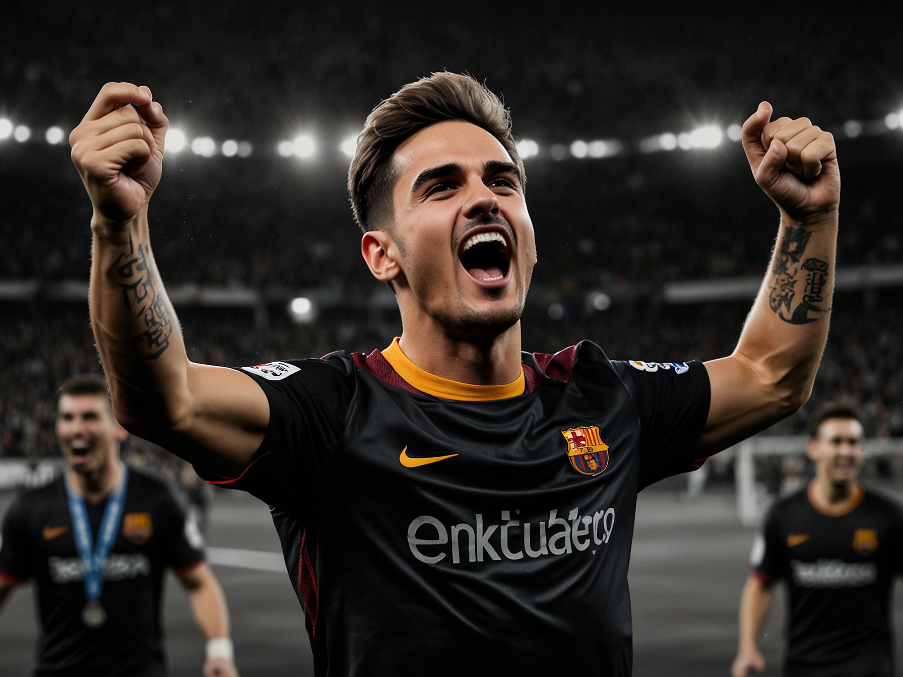 Ferran Torres celebrating his winning goal against Borussia Dortmund, with jubilant Barcelona fans in the background, capturing the essence of triumph and excitement in Champions League football.