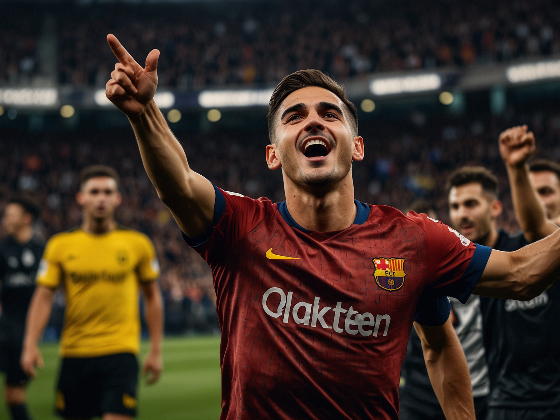 A crowd of passionate soccer fans, waving Barcelona flags and wearing team colors, creating an electric atmosphere during the thrilling Champions League match.