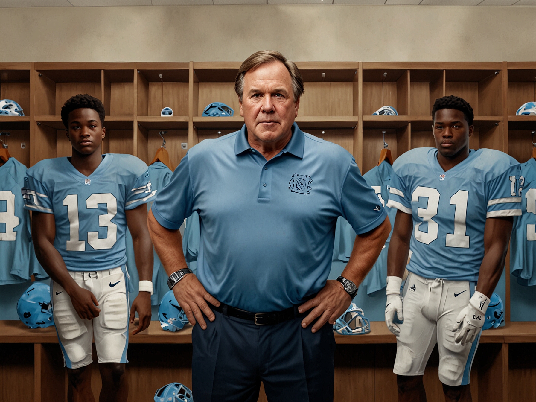 Bill Belichick stands in the UNC locker room, holding a Tar Heels jersey, surrounded by excited players, showcasing his new role as the head coach.