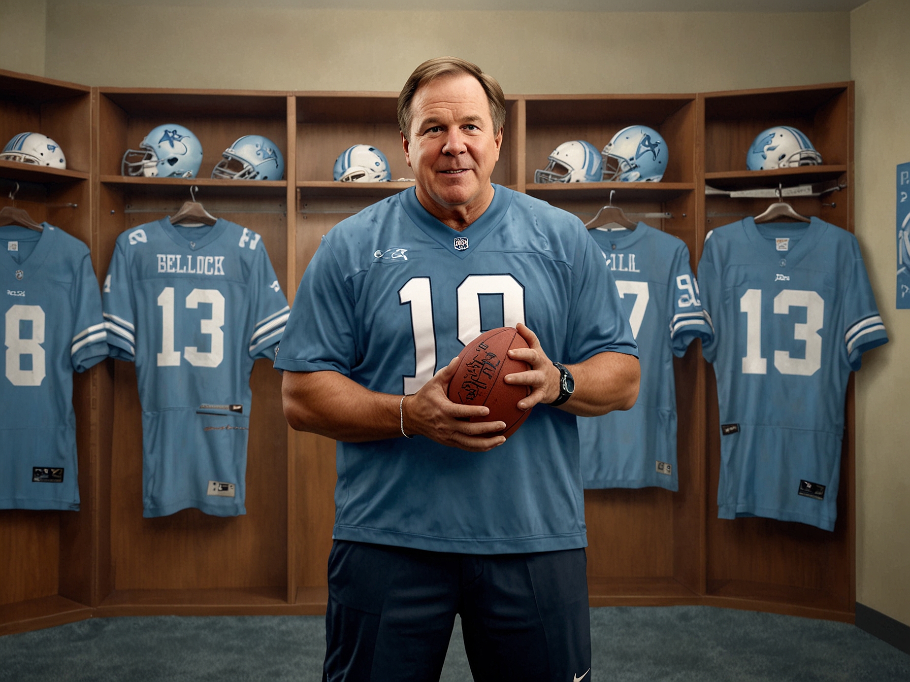 A close-up of a Tar Heels helmet with Belichick's name and the iconic UNC logo, symbolizing the merging of NFL experience and college football tradition.