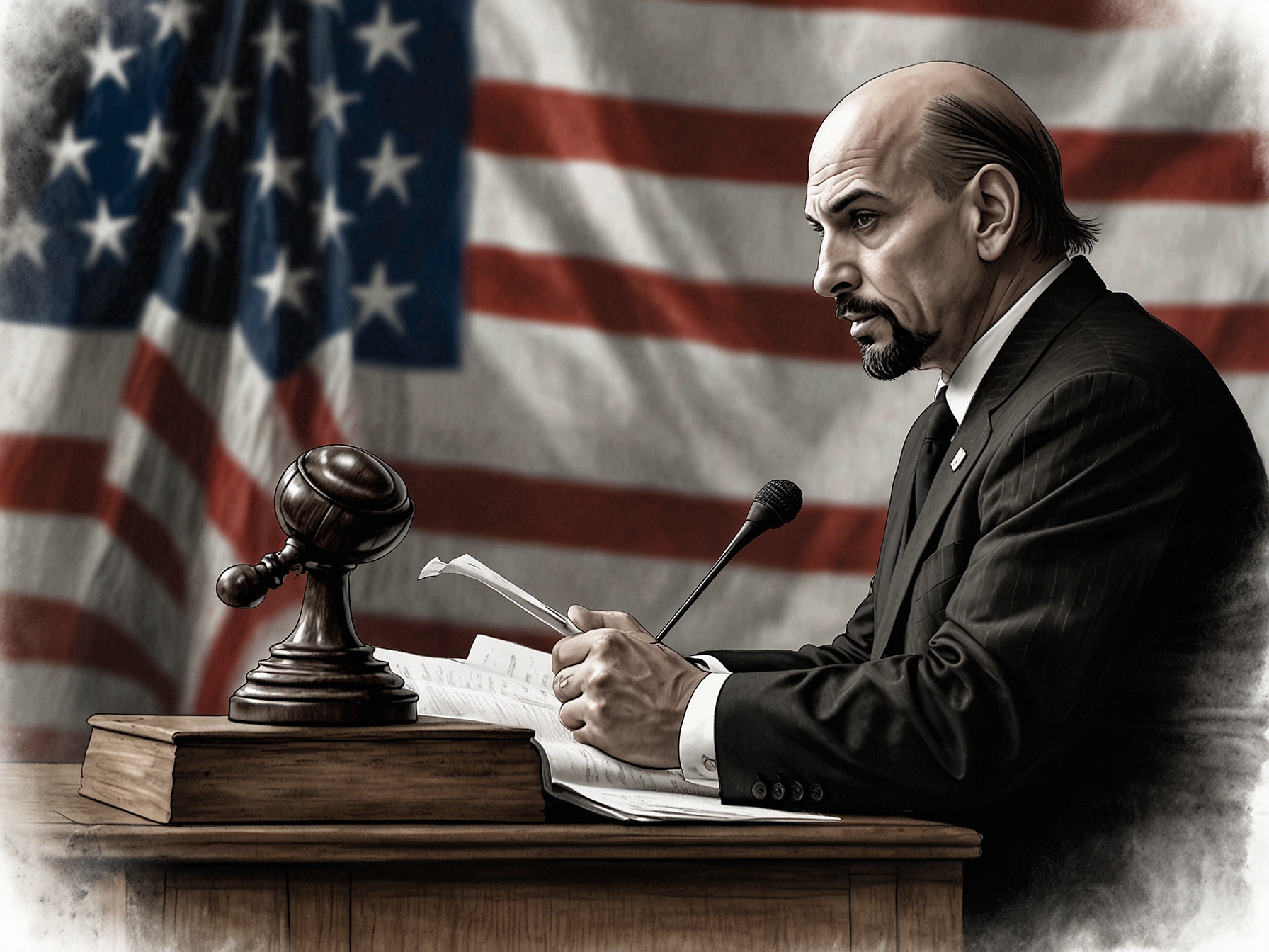 A split image depicting Senator John Fetterman passionately discussing at a podium on one side, while on the other side, a gavel and legal documents symbolize the judiciary. The background features a blurred American flag, emphasizing the political context.