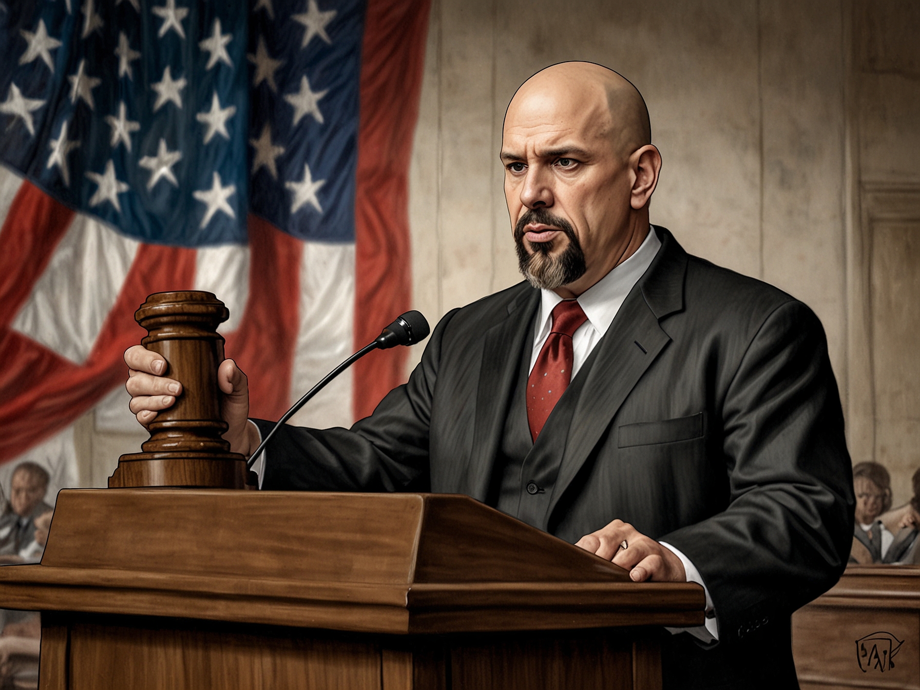 A close-up shot of Senator Fetterman on a talk show set, articulating his views on the politicization of legal cases against Trump and Hunter Biden, with a graphic of Truth Social on a screen behind him.