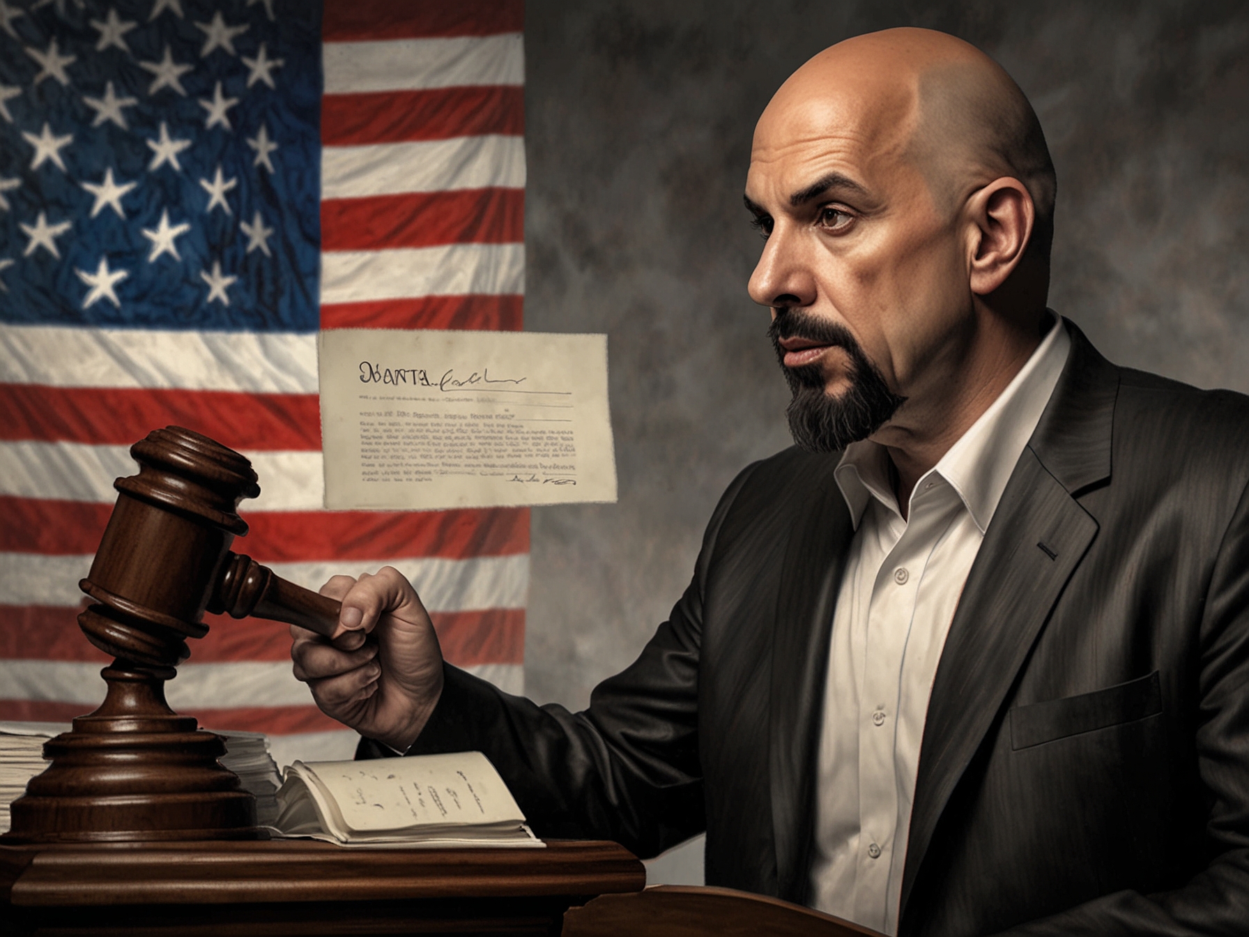 An illustrated graphic showing the words 'Justice or Politics?' with symbolic representations of the American court system and political figures, highlighting the ongoing debate about the integrity of judicial processes in America.