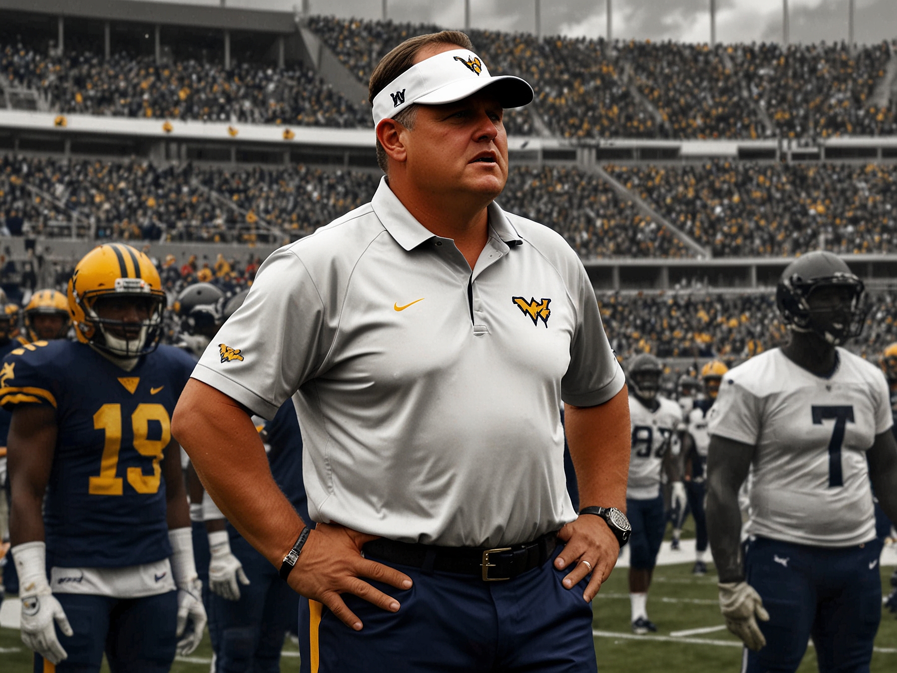 Rich Rodriguez standing on the sidelines of a football field, wearing WVU colors, surrounded by cheering fans, embodying hope and nostalgia for the upcoming season.