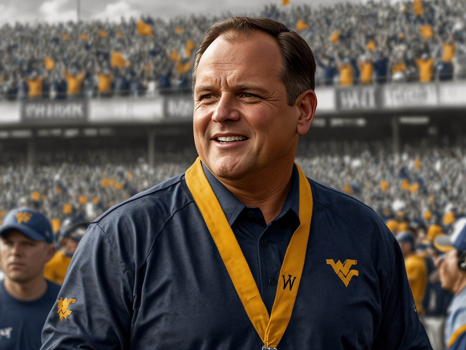 A close-up of Rich Rodriguez during a press conference, expressing enthusiasm about his return to West Virginia, with a backdrop of Mountaineer pride.