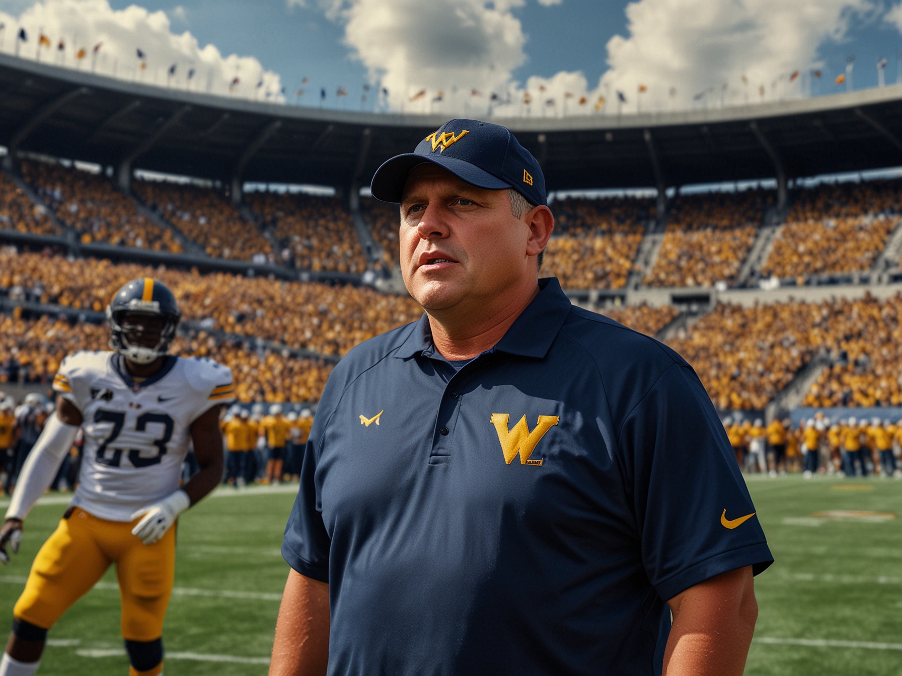 Fans celebrating in the stands with WVU banners and flags, showcasing their excitement for Rich Rodriguez's return and the new season ahead.