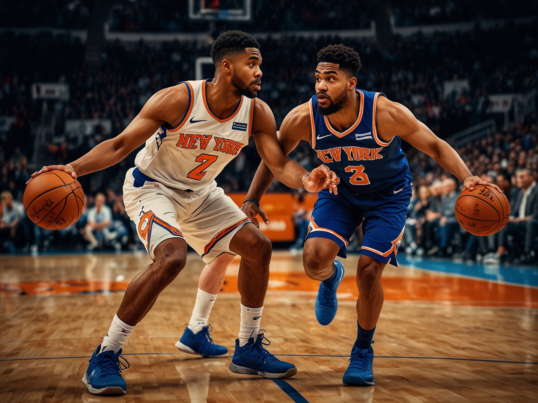 A dynamic image of an intense basketball game featuring the New York Knicks, emphasizing action around Mikal Bridges and Karl-Anthony Towns, highlighting their roles as key players in the team's strategy.