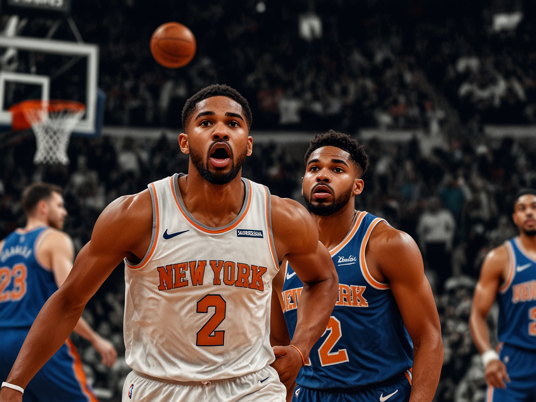 A close-up of Knicks fans watching a game intently, showcasing their mixed emotions about recent trades, clad in team jerseys and holding up signs of support.