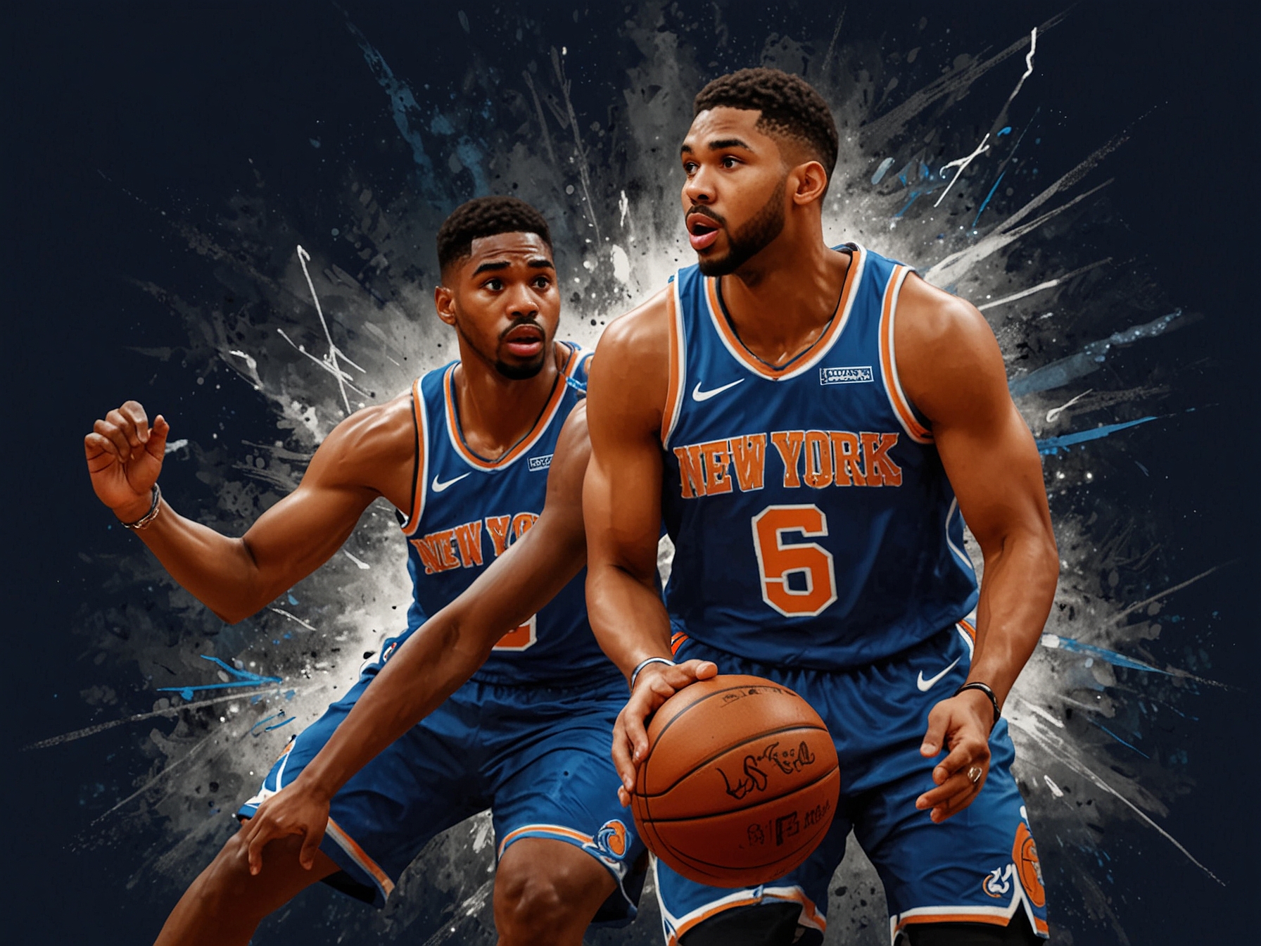 A snapshot of a Knicks executive discussing trade strategies in a conference room, surrounded by charts and stats illuminating the analysis of player values and opinions in the NBA.