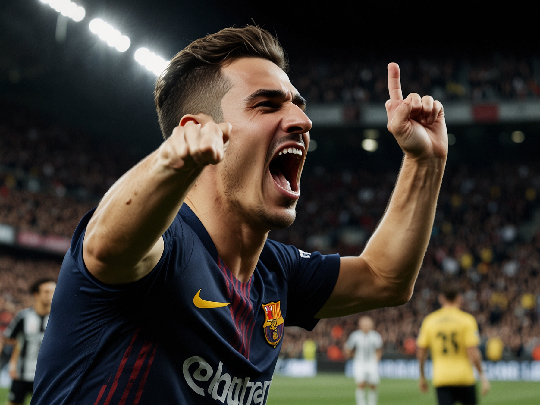 Ferran Torres celebrating his winning goal for Barcelona against Borussia Dortmund, with fans cheering passionately in the background, capturing the thrill of the match.