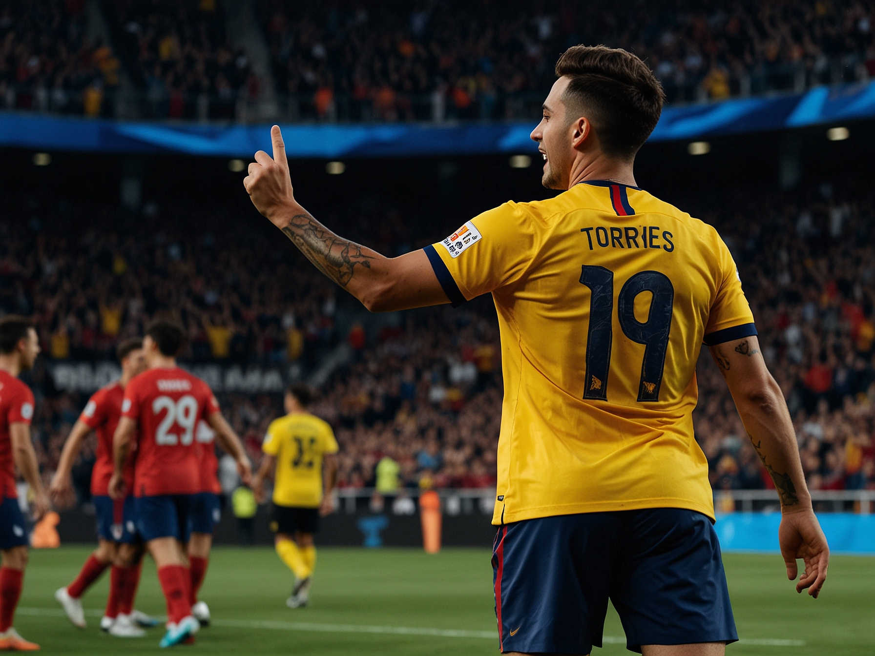 An action shot of the intense moment when Ferran Torres scores his second goal, showcasing the emotion on the players' faces as Barcelona takes the lead.