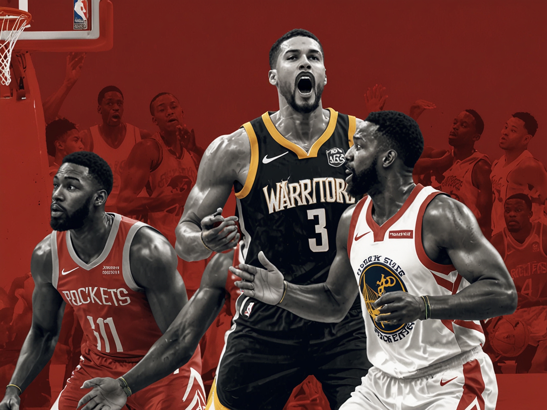 An intense scene from an NBA game featuring the Warriors and Rockets, with players in action, showcasing both teams' energy and the high stakes of the match as key injuries loom.
